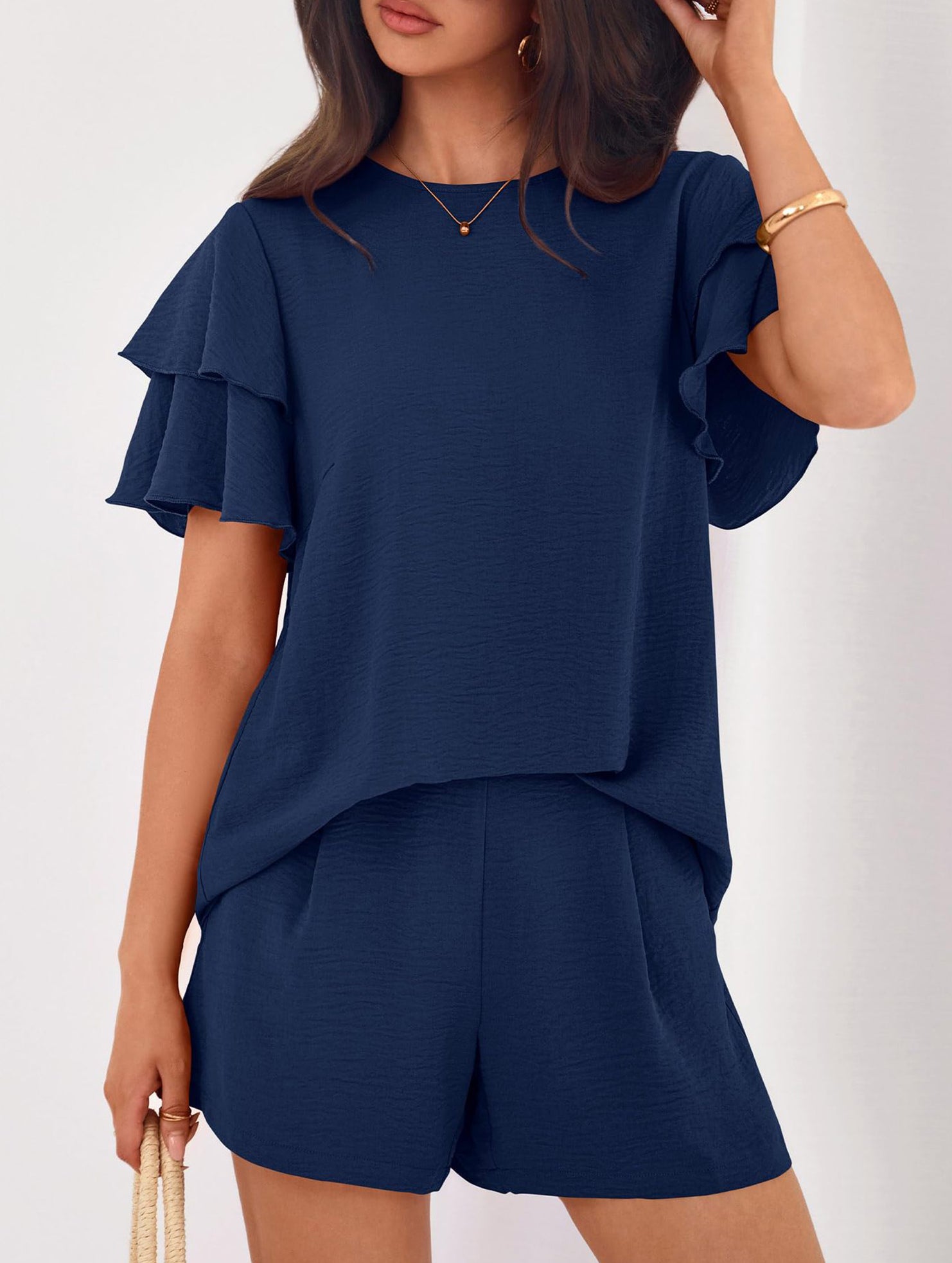 Crew Neck Top Shorts Casual Two Piece Set