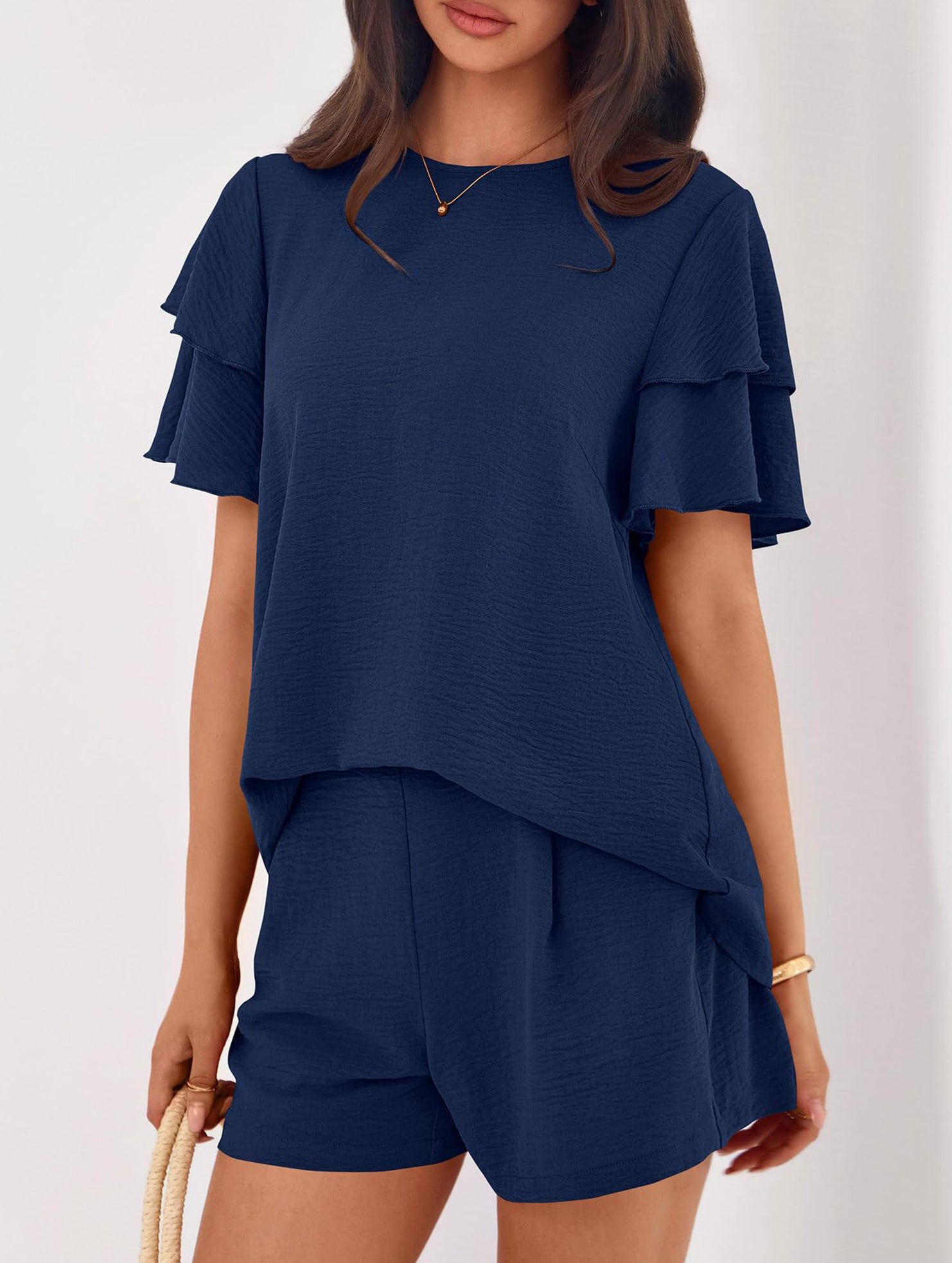 Crew Neck Top Shorts Casual Two Piece Set