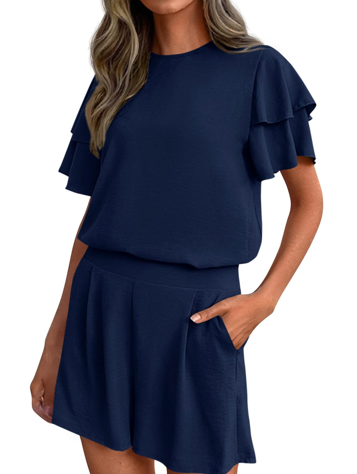 Crew Neck Top Shorts Casual Two Piece Set