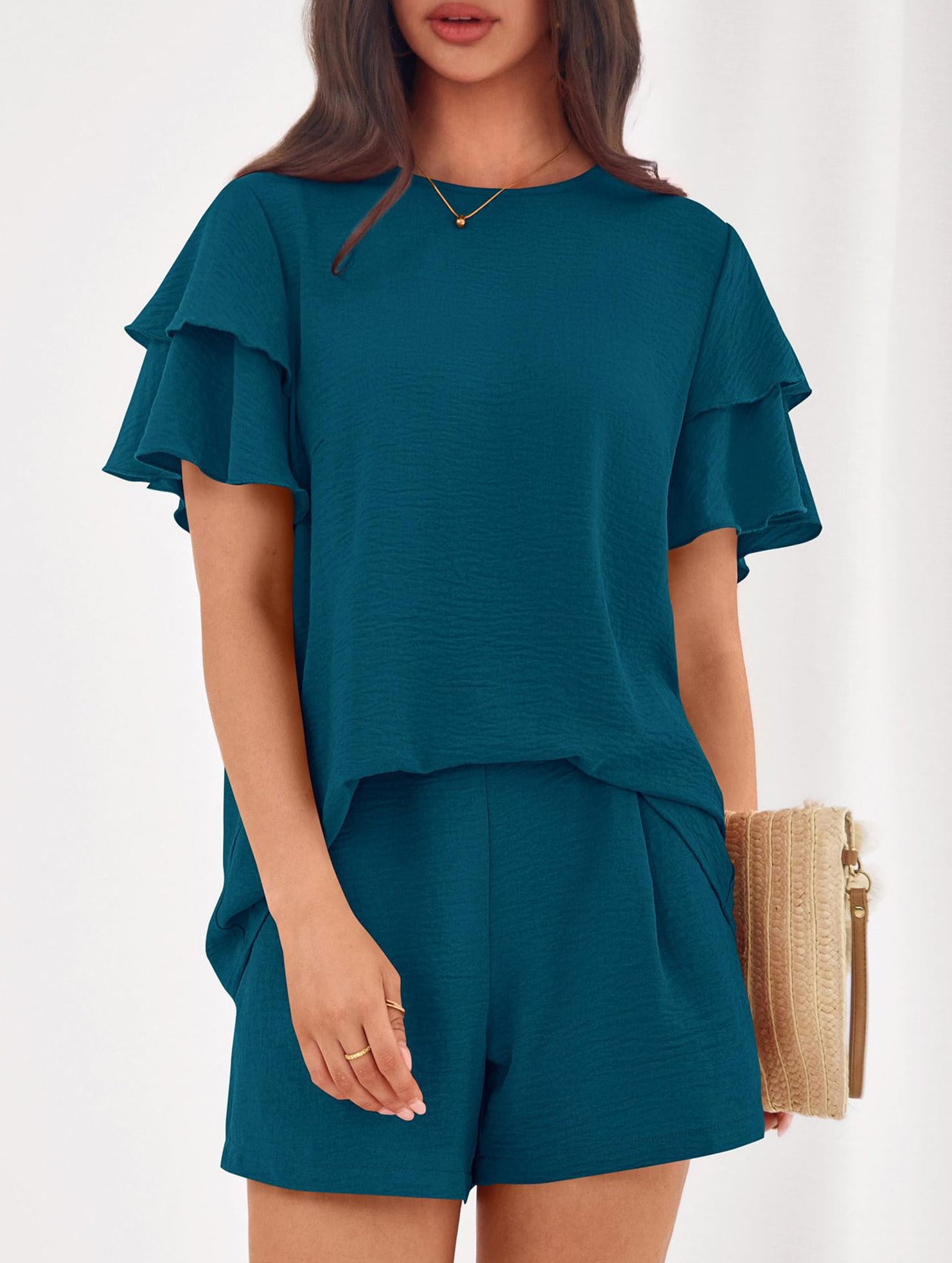 Crew Neck Top Shorts Casual Two Piece Set