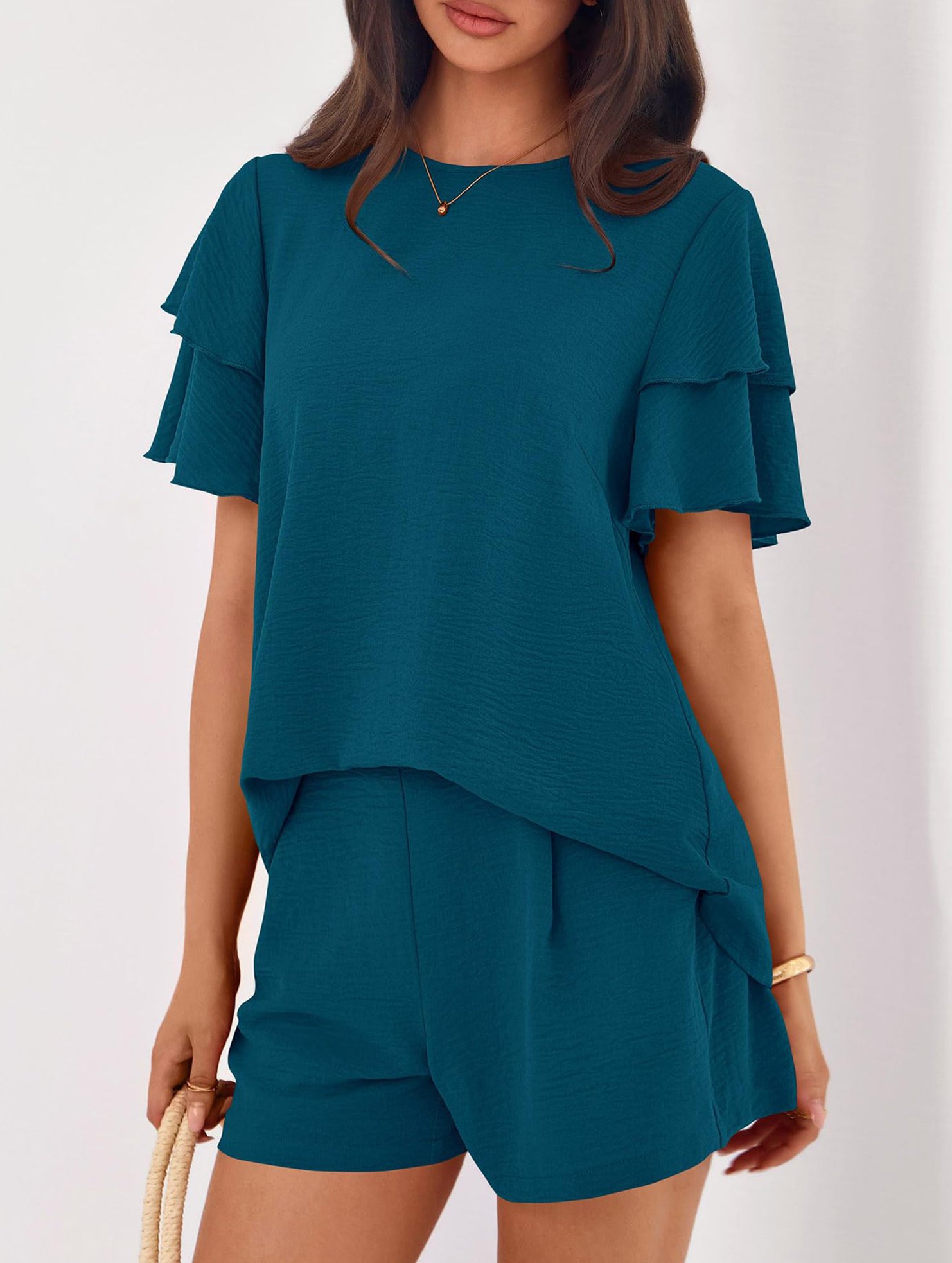 Crew Neck Top Shorts Casual Two Piece Set