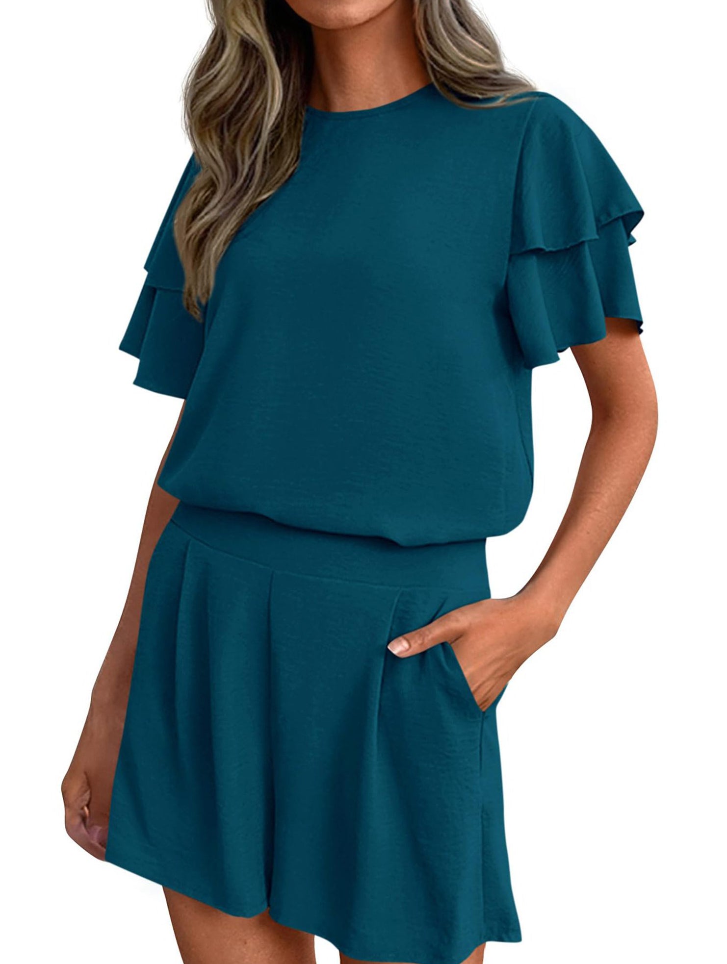 Crew Neck Top Shorts Casual Two Piece Set