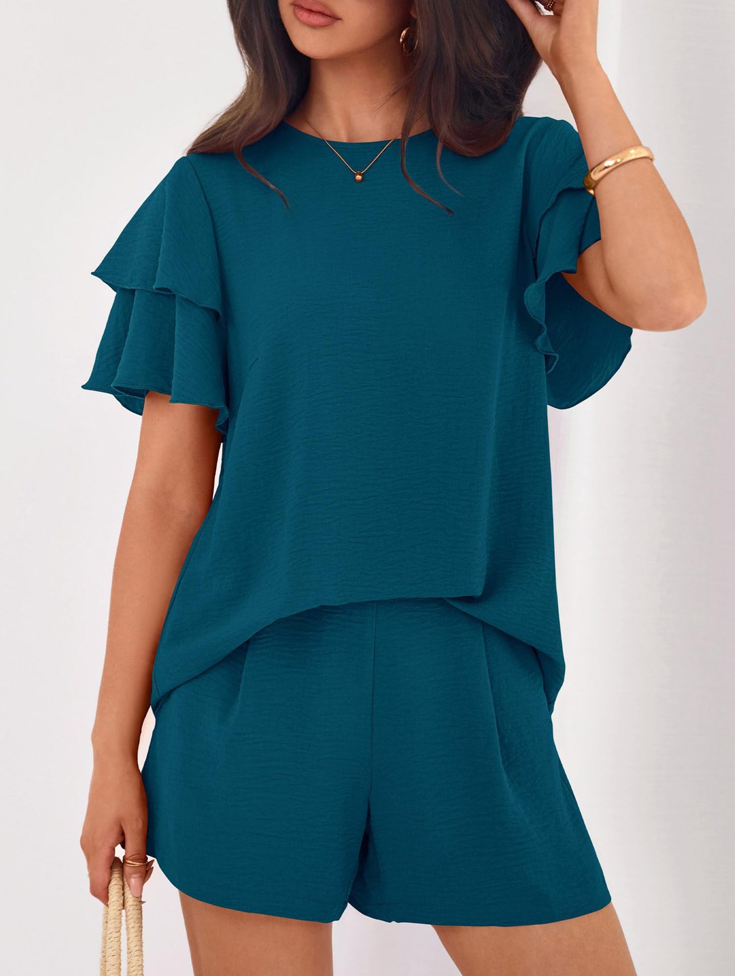 Crew Neck Top Shorts Casual Two Piece Set