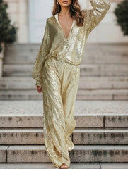 Gold Sequin Half Zip Party Pants Set_CWSTB01026