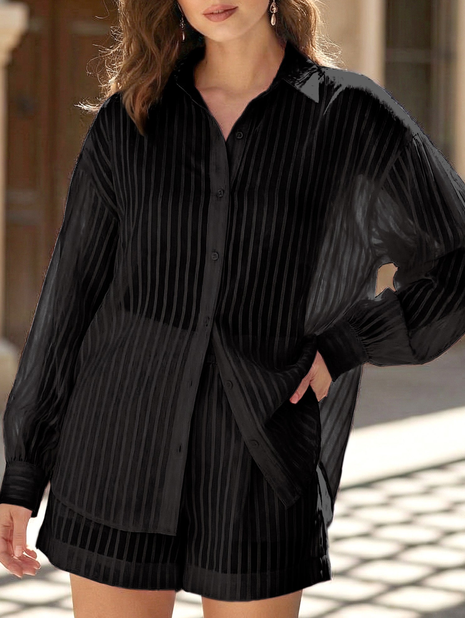 Jacquard Puff Sleeve Shirt Shorts Set_CWSTB01027