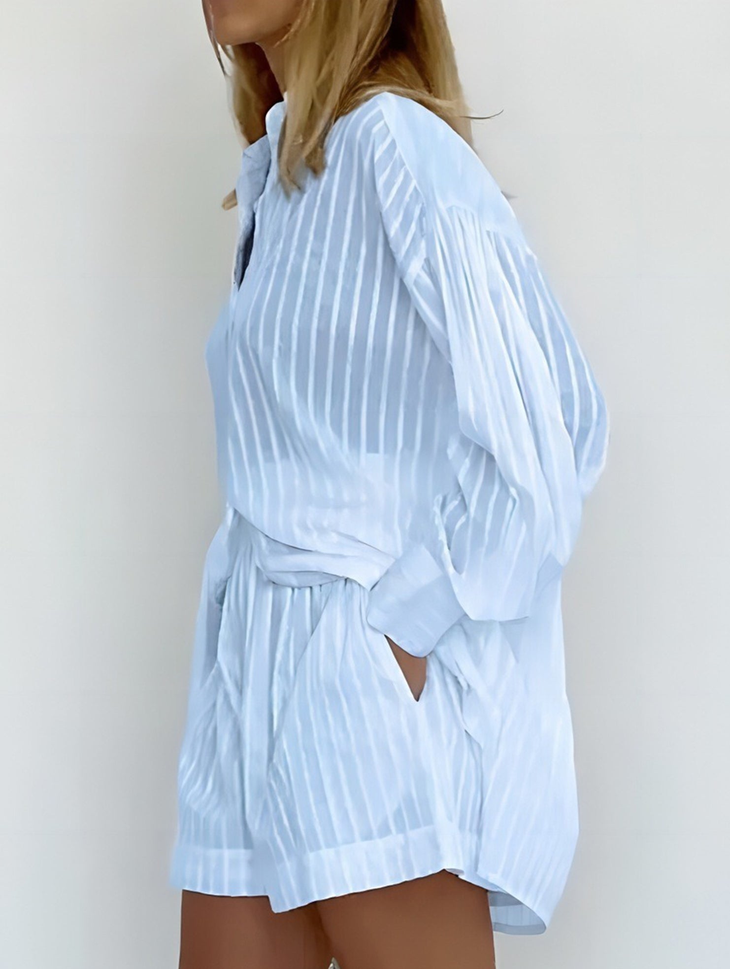 Jacquard Puff Sleeve Shirt Shorts Set_CWSTB01027