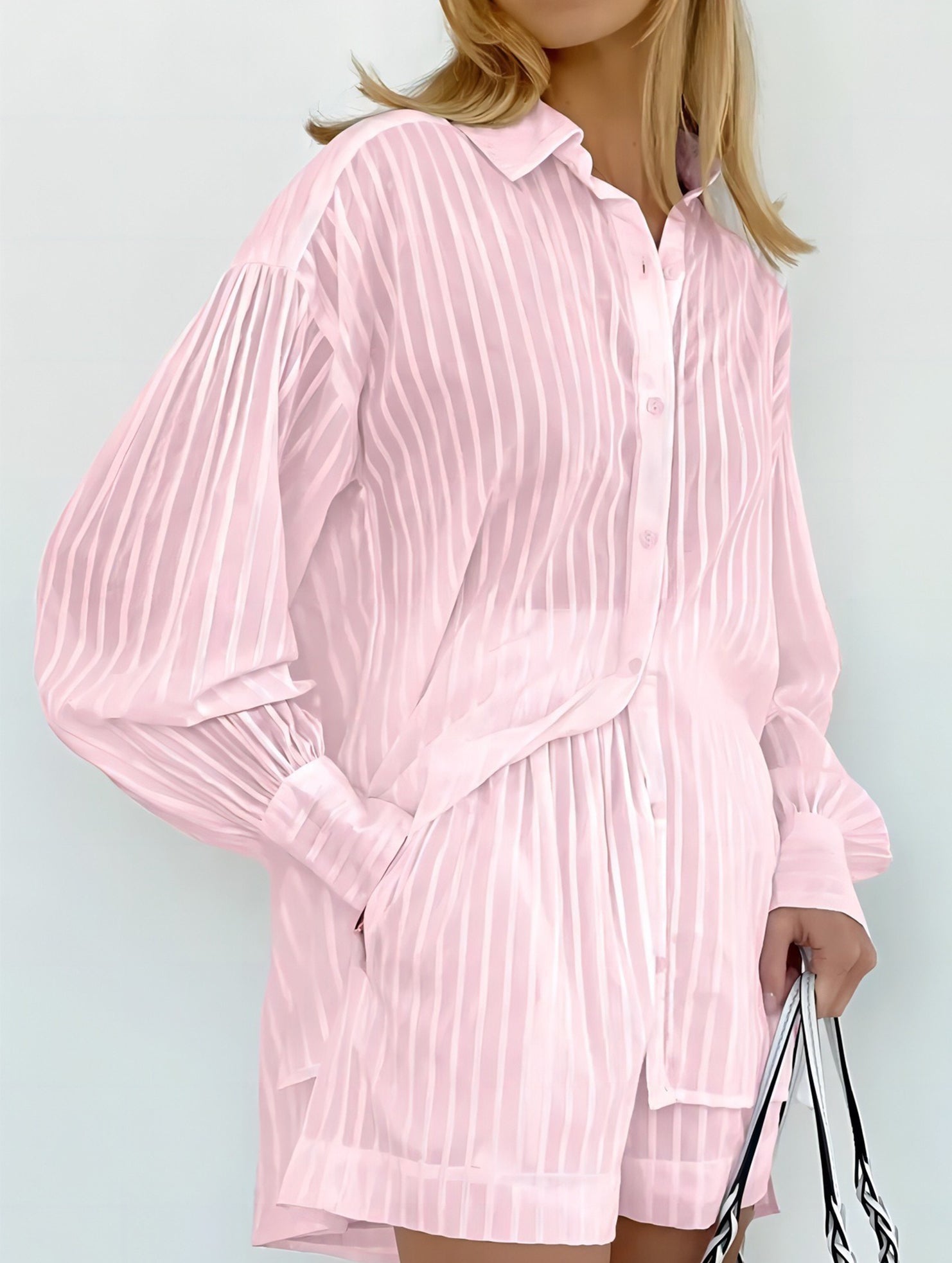 Jacquard Puff Sleeve Shirt Shorts Set_CWSTB01027