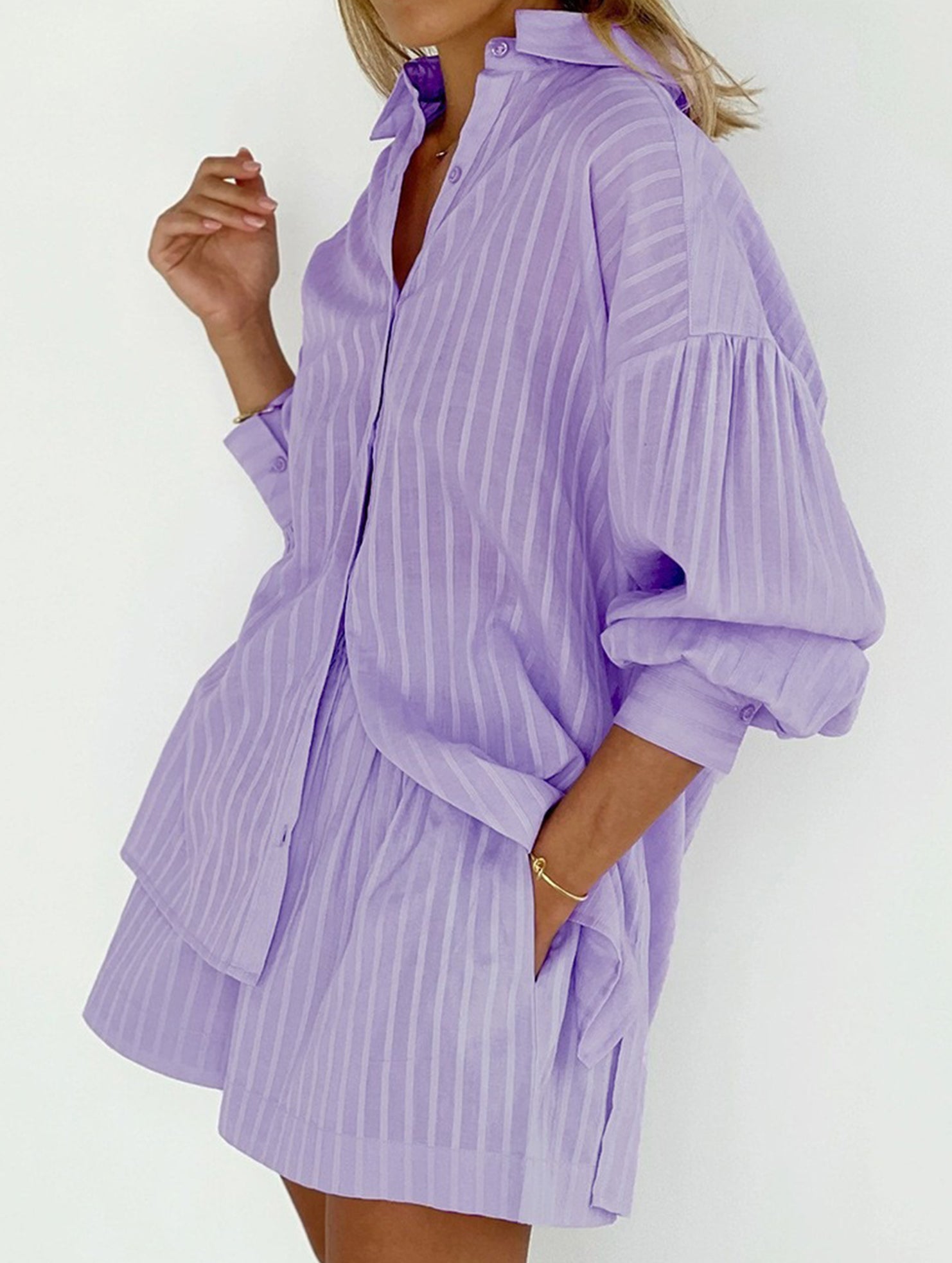 Jacquard Puff Sleeve Shirt Shorts Set_CWSTB01027