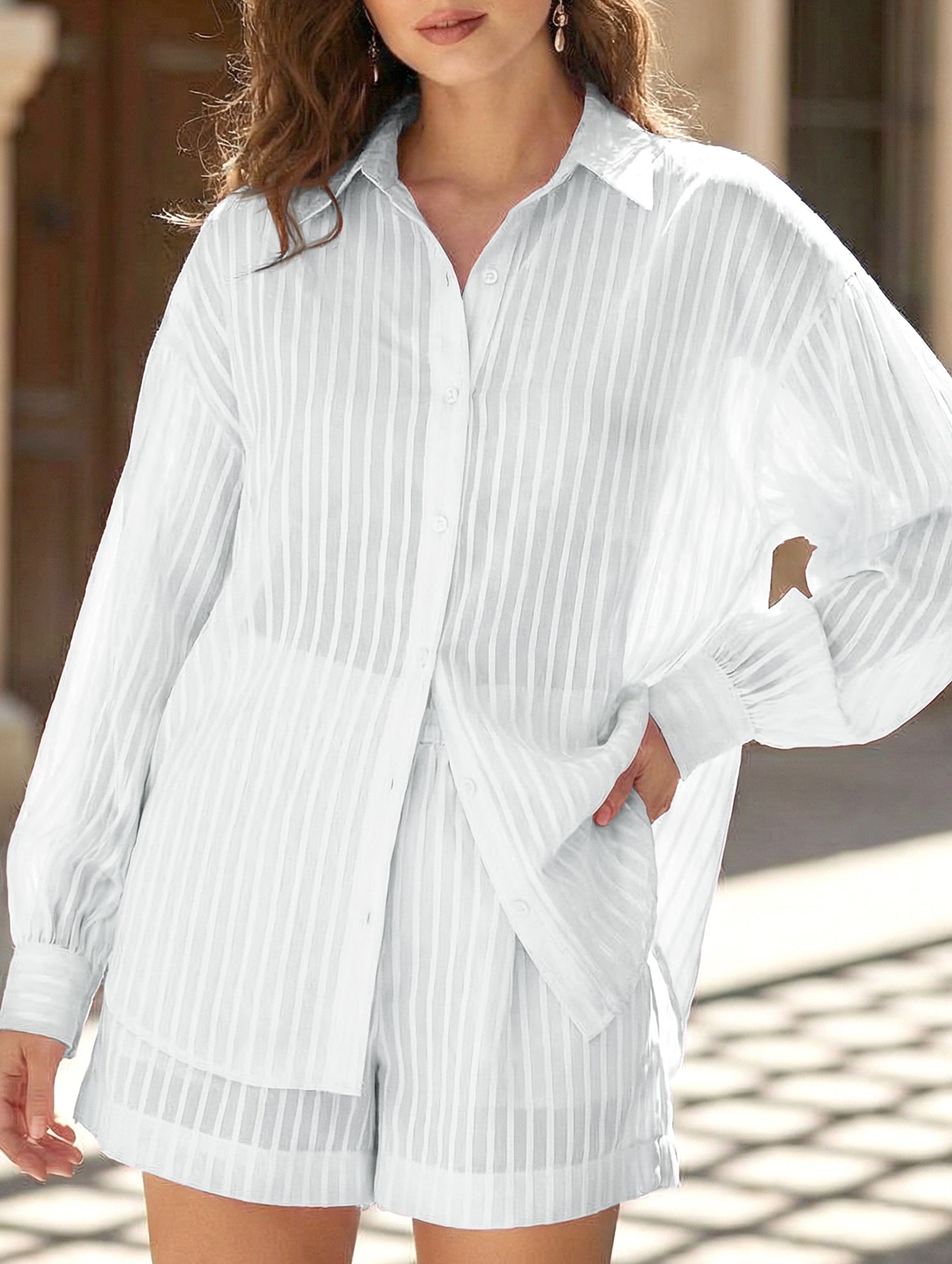 Jacquard Puff Sleeve Shirt Shorts Set_CWSTB01027
