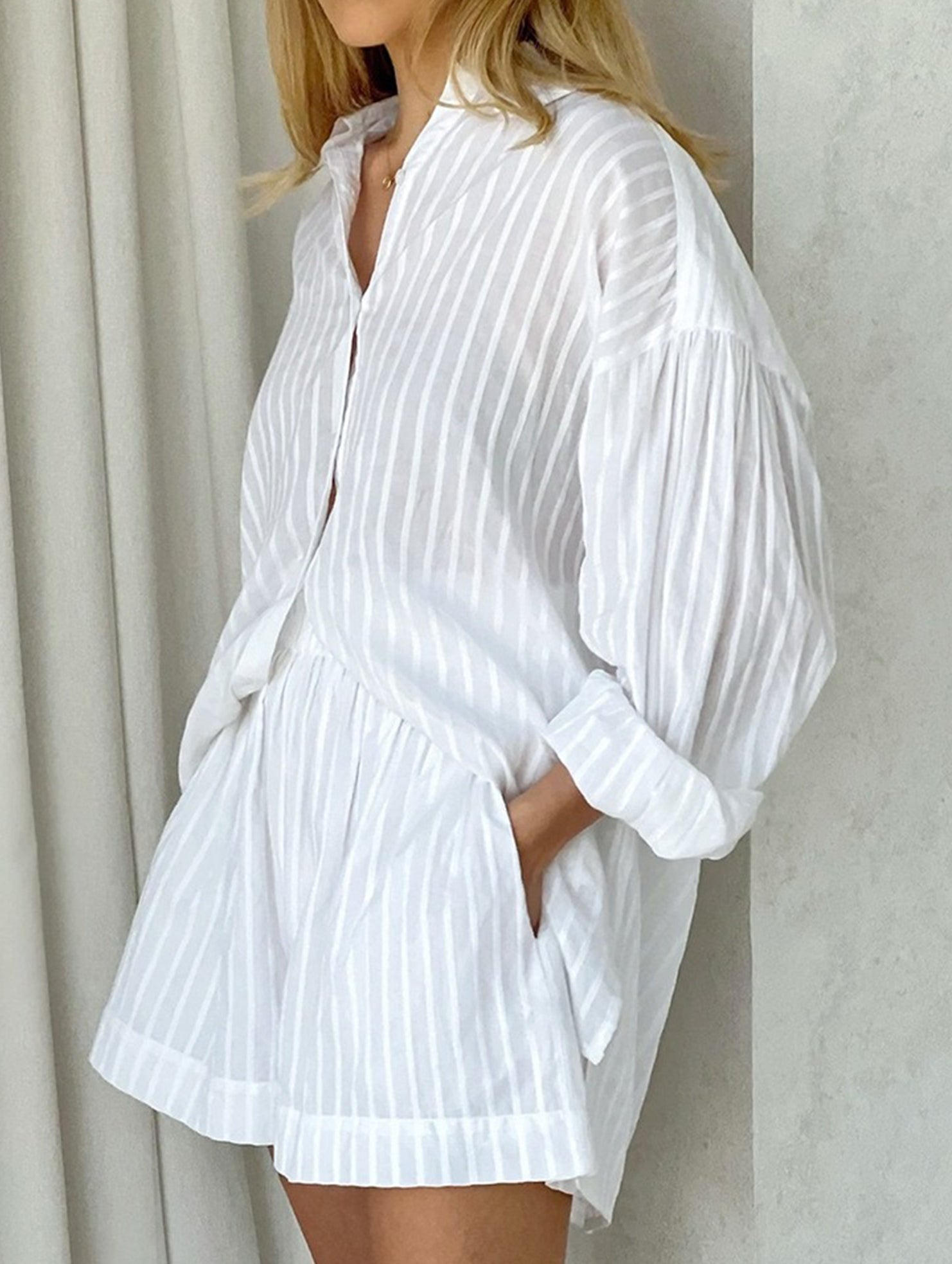 Jacquard Puff Sleeve Shirt Shorts Set_CWSTB01027