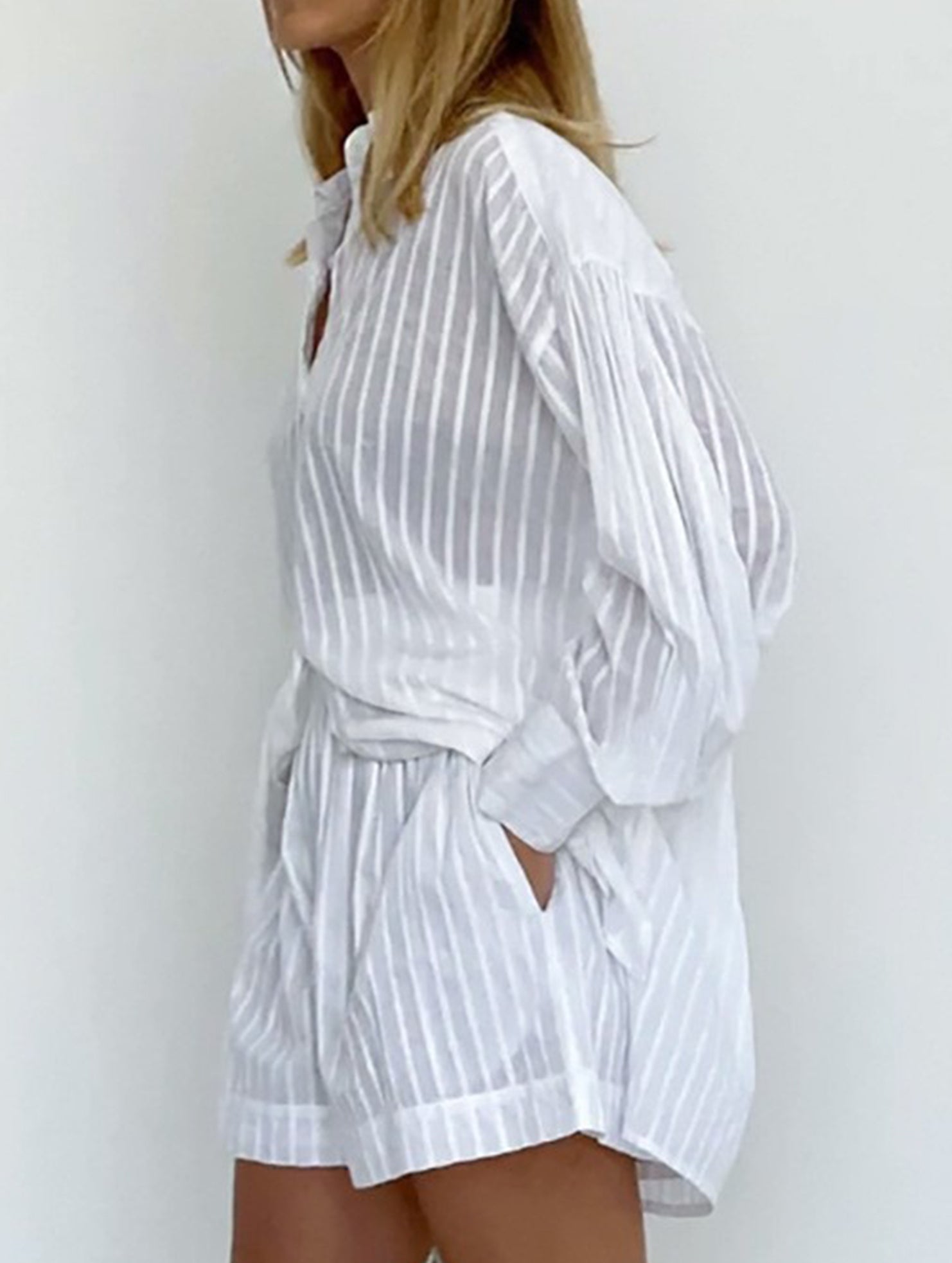 Jacquard Puff Sleeve Shirt Shorts Set_CWSTB01027
