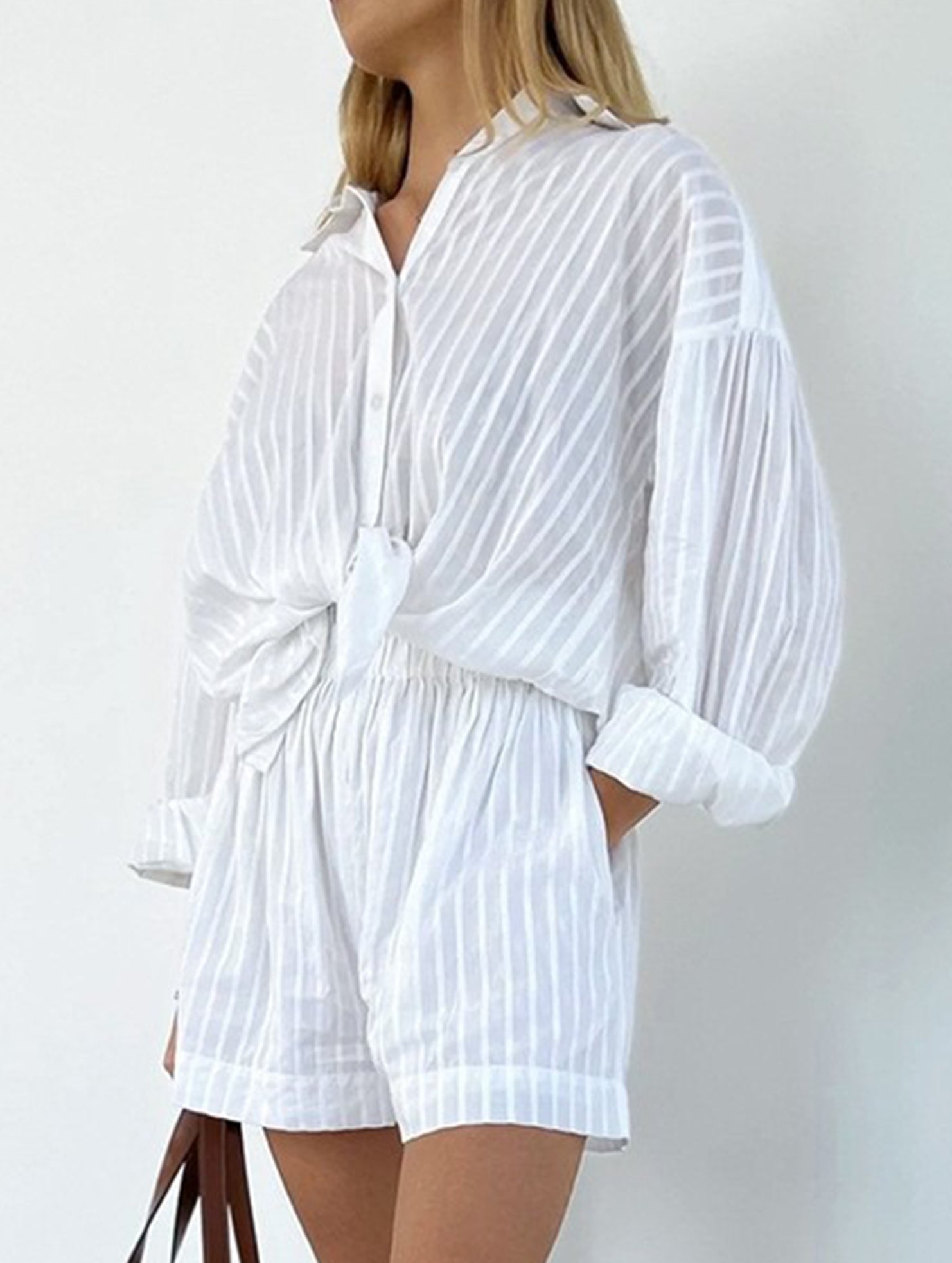 Jacquard Puff Sleeve Shirt Shorts Set_CWSTB01027