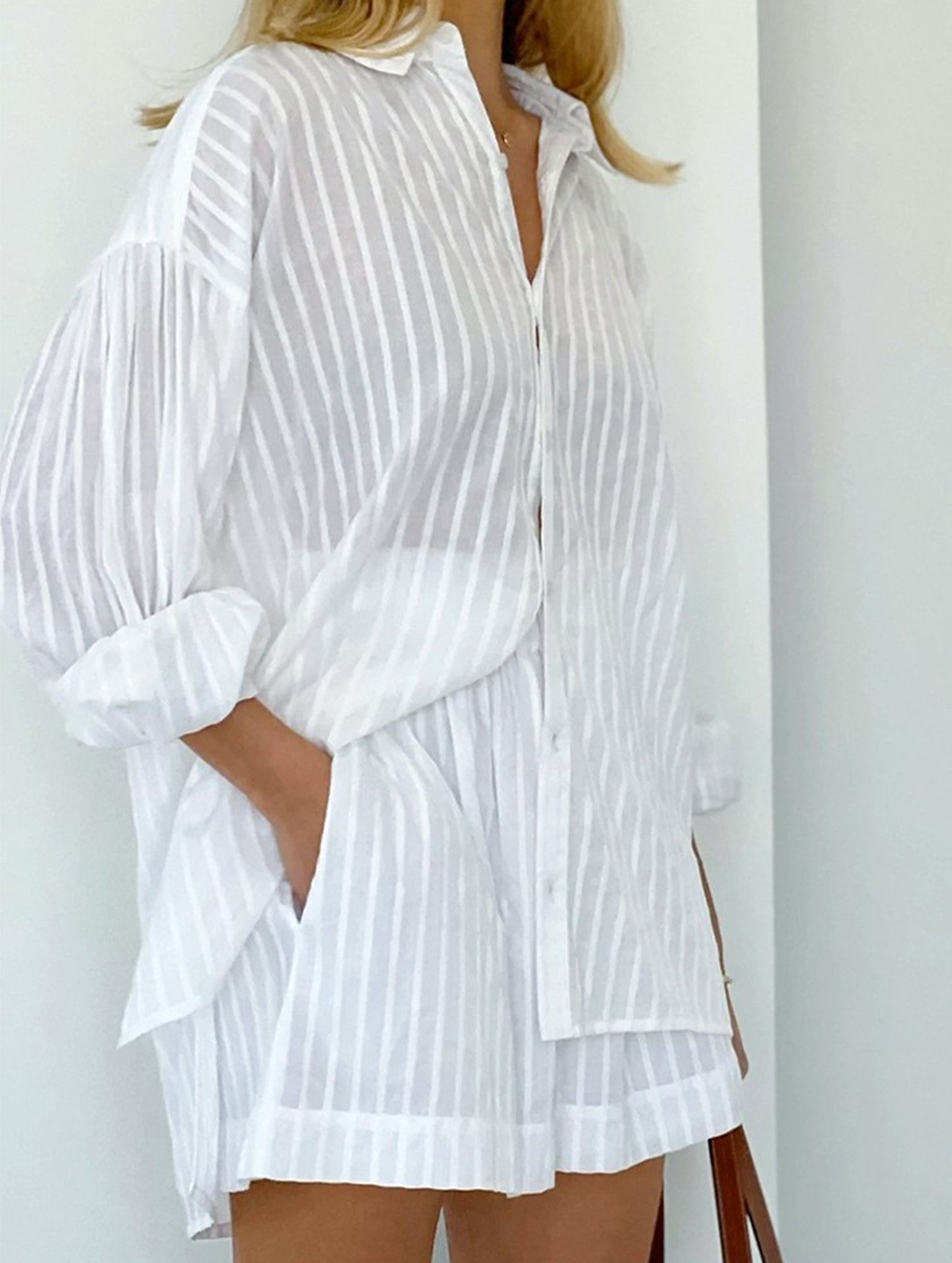 Jacquard Puff Sleeve Shirt Shorts Set_CWSTB01027