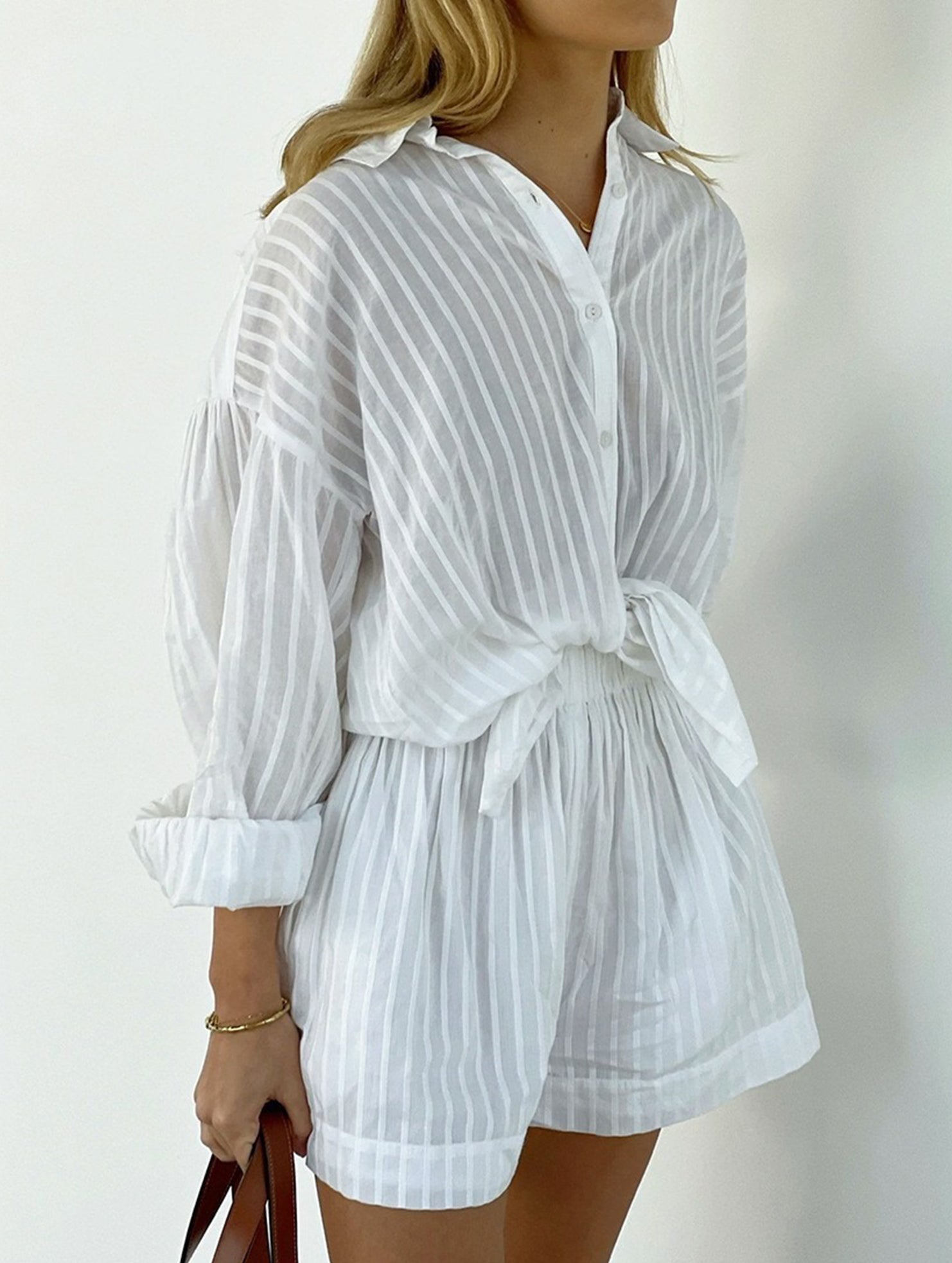 Jacquard Puff Sleeve Shirt Shorts Set_CWSTB01027