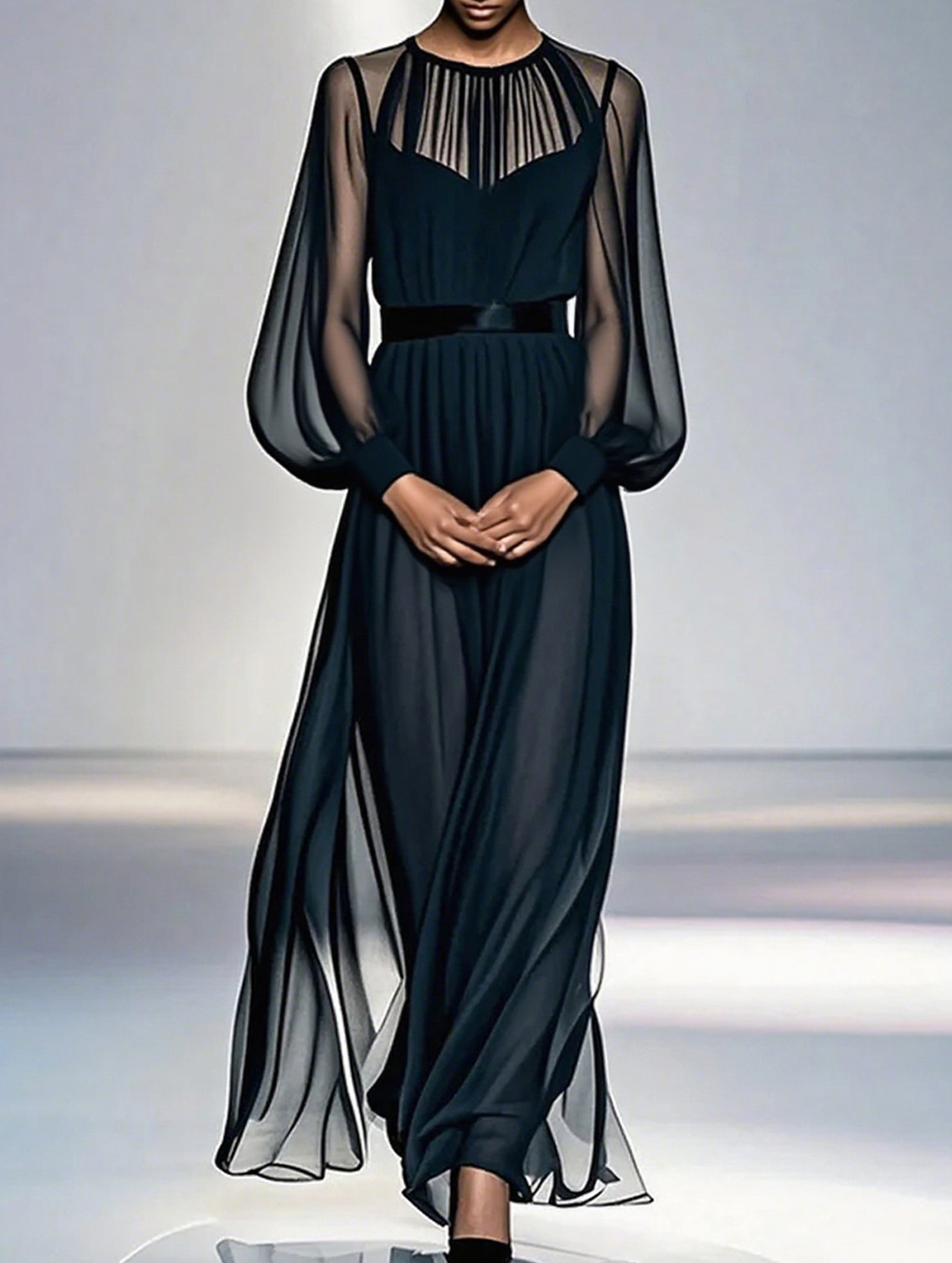 Black Mesh Two Piece Maxi Dress_CWSTB01051