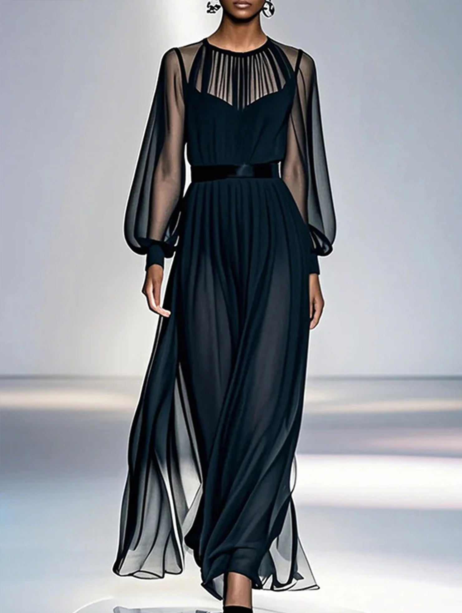 Black Mesh Two Piece Maxi Dress_CWSTB01051
