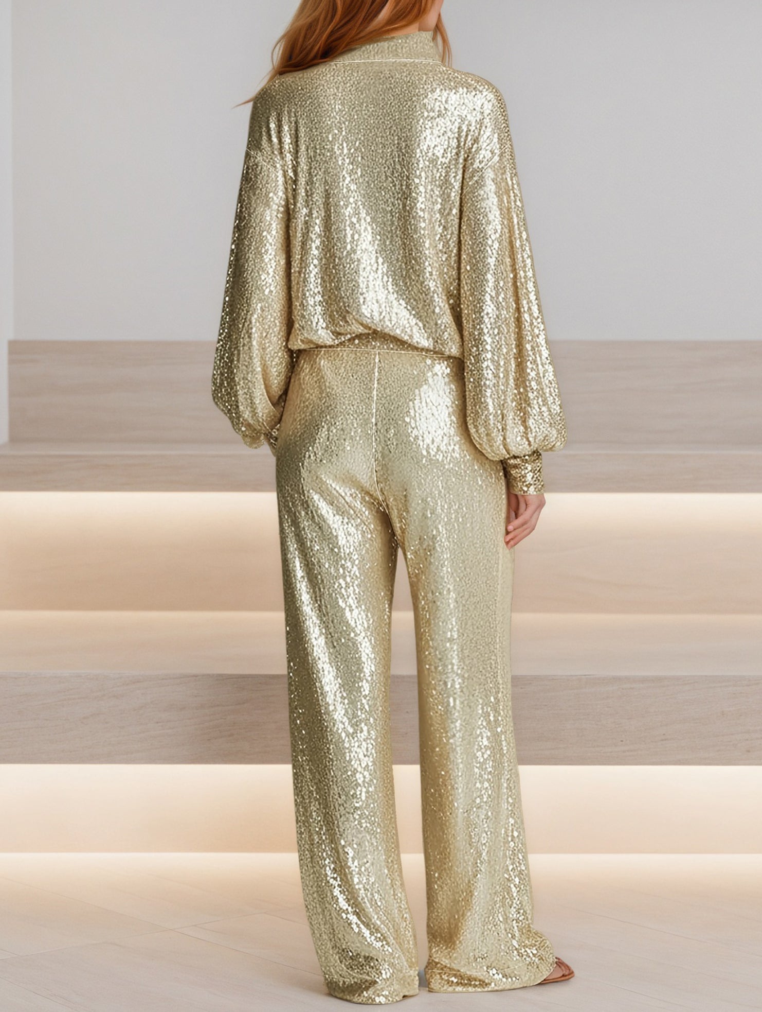 Sequin Collar Half Zip Jacket Pants Set_CWSTB01089
