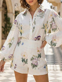 High-waisted shorts shirt linen printed temperament suit