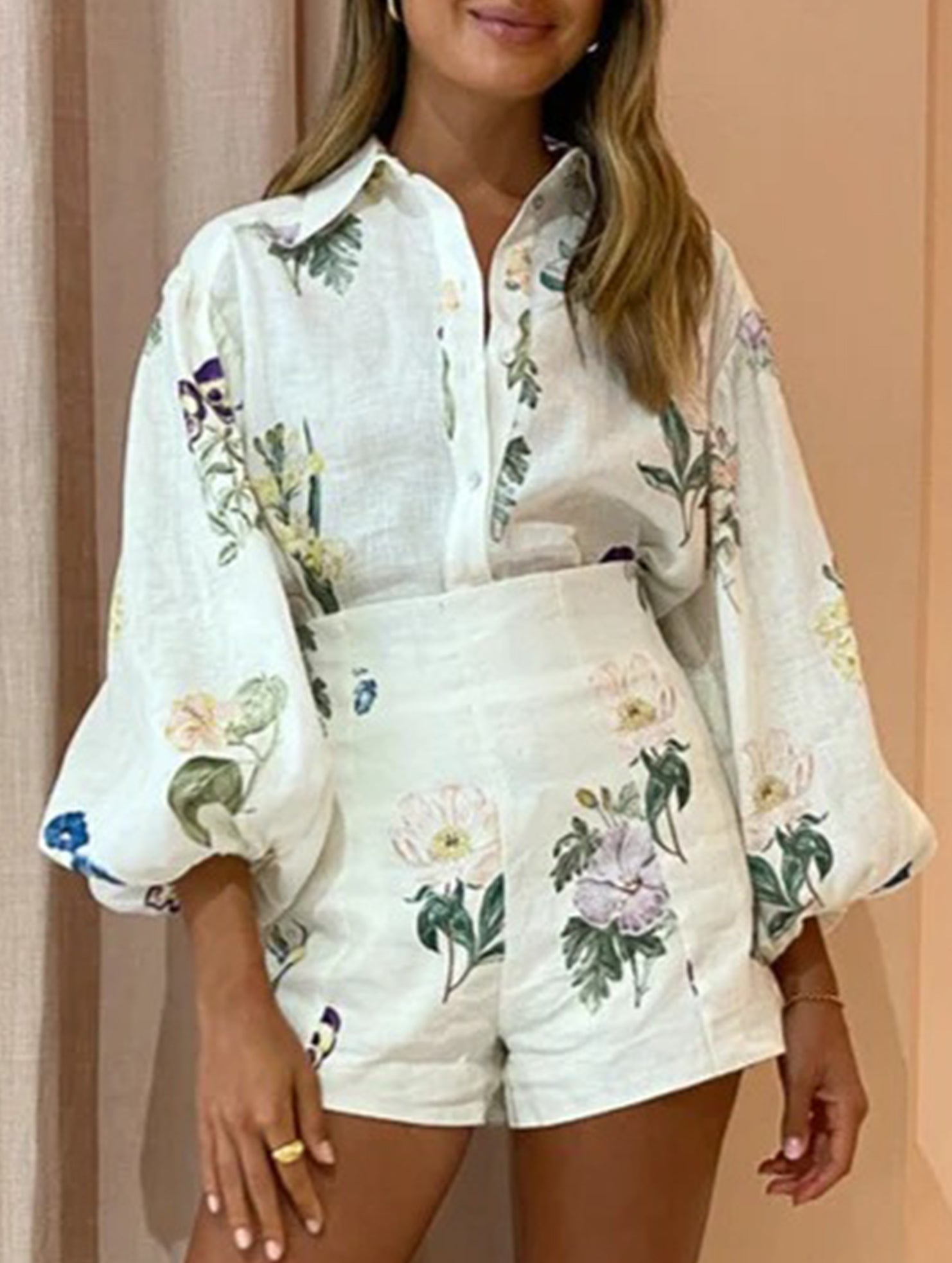 High-waisted shorts shirt linen printed temperament suit