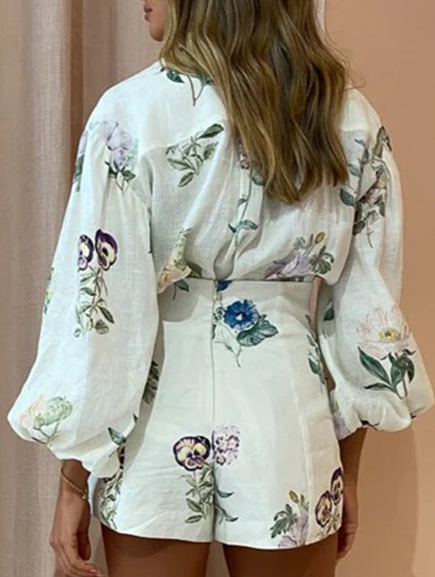 High-waisted shorts shirt linen printed temperament suit