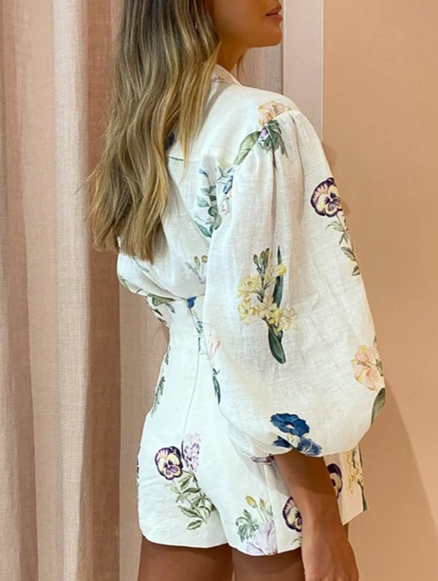 High-waisted shorts shirt linen printed temperament suit