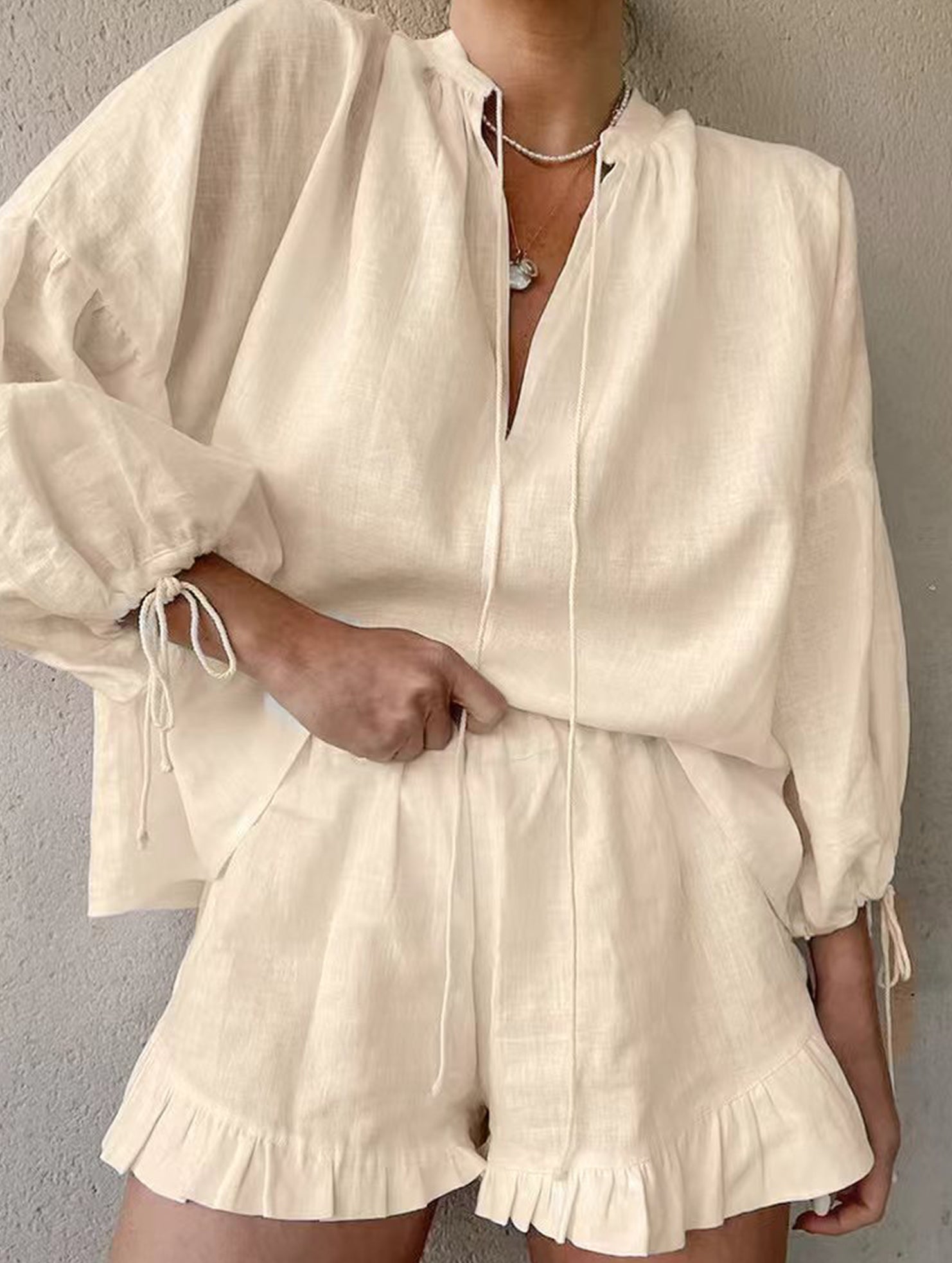 COTTON LINEN V-NECK LANTERN SLEEVE SHORTS SUIT