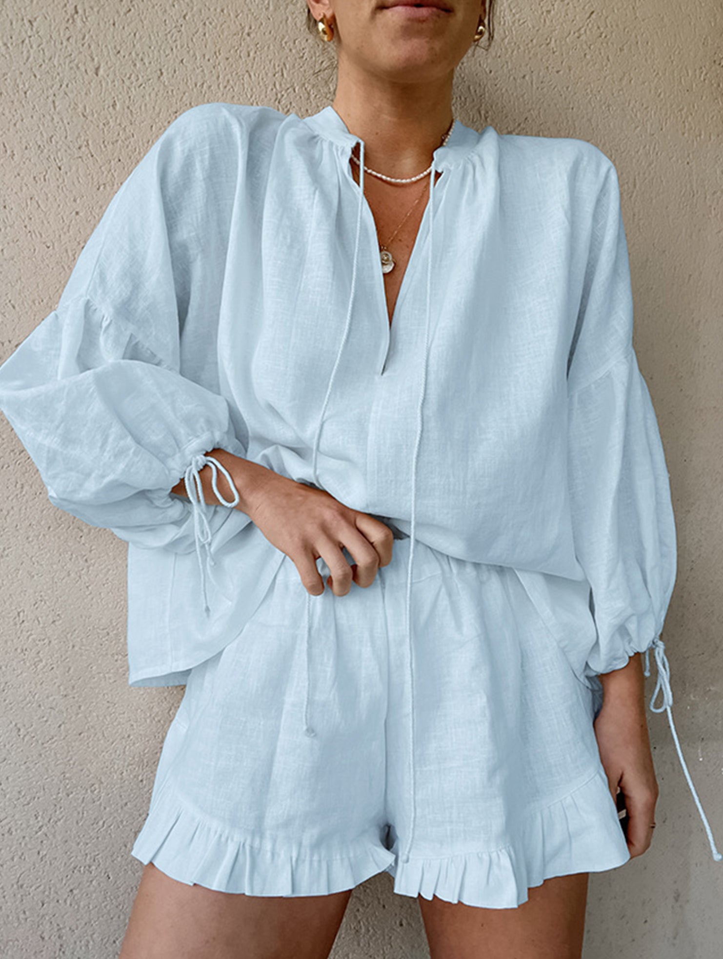 COTTON LINEN V-NECK LANTERN SLEEVE SHORTS SUIT