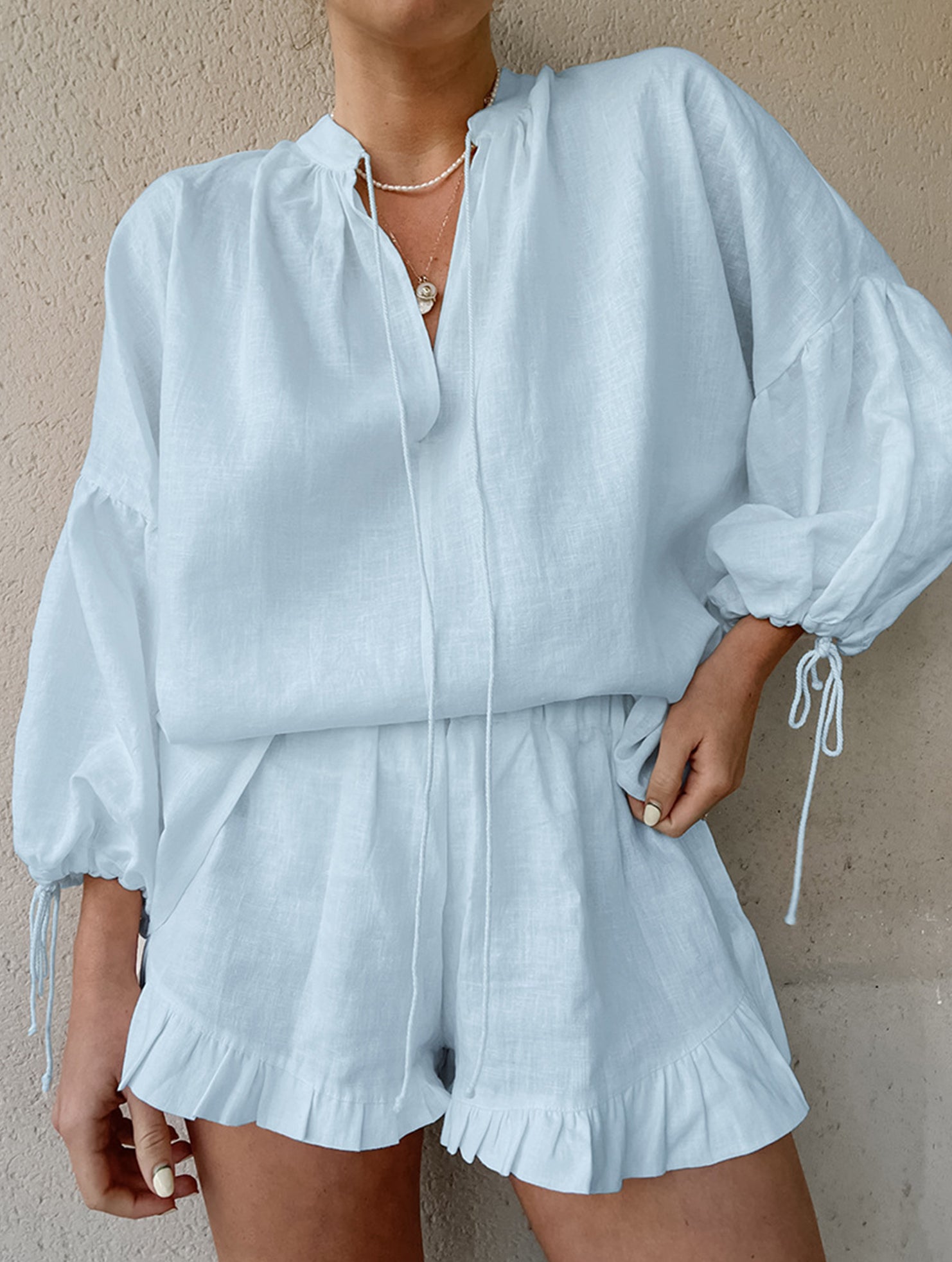 COTTON LINEN V-NECK LANTERN SLEEVE SHORTS SUIT