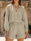 COTTON LINEN V-NECK LANTERN SLEEVE SHORTS SUIT
