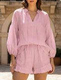 COTTON LINEN V-NECK LANTERN SLEEVE SHORTS SUIT