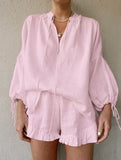 COTTON LINEN V-NECK LANTERN SLEEVE SHORTS SUIT