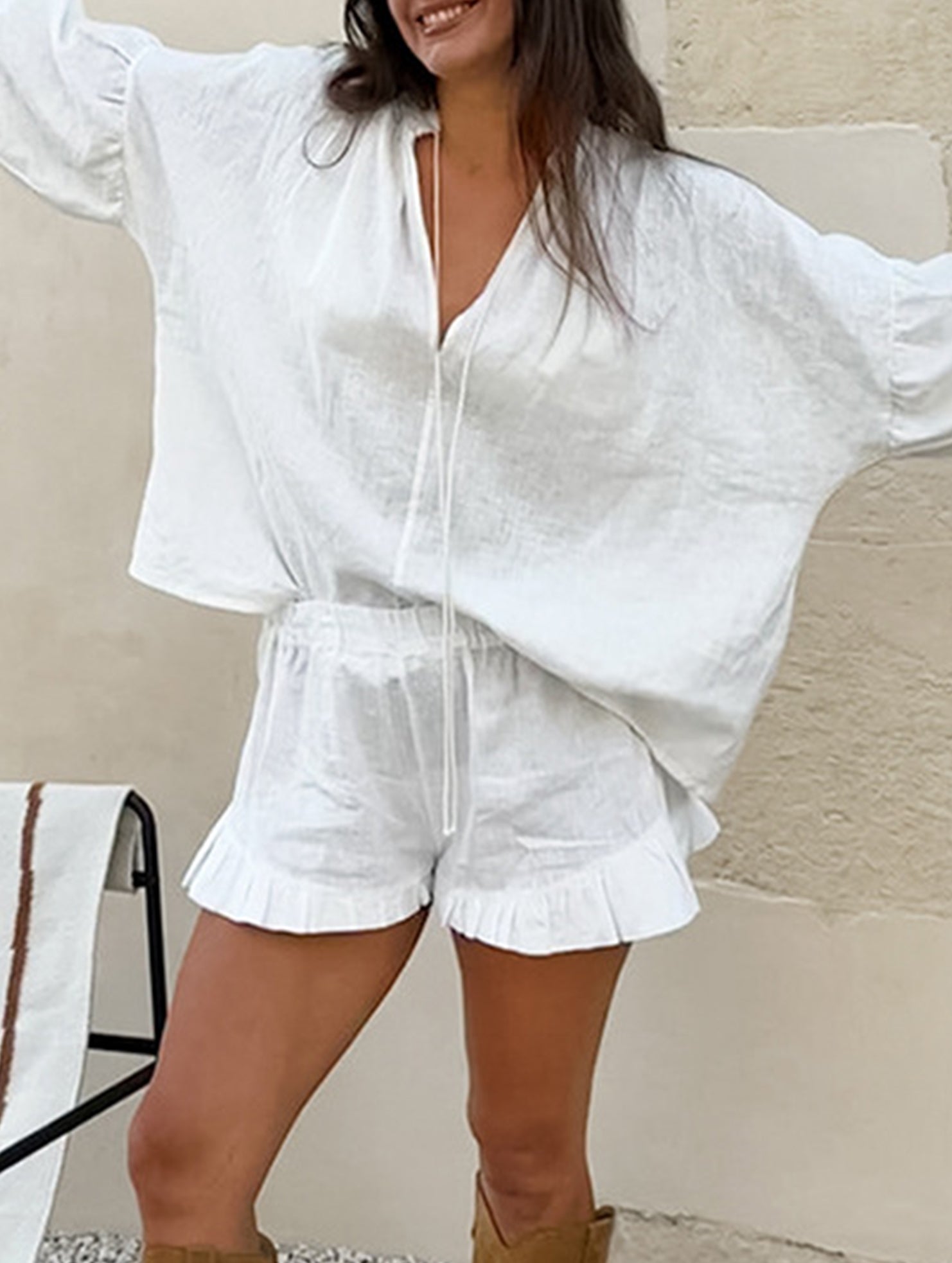 COTTON LINEN V-NECK LANTERN SLEEVE SHORTS SUIT