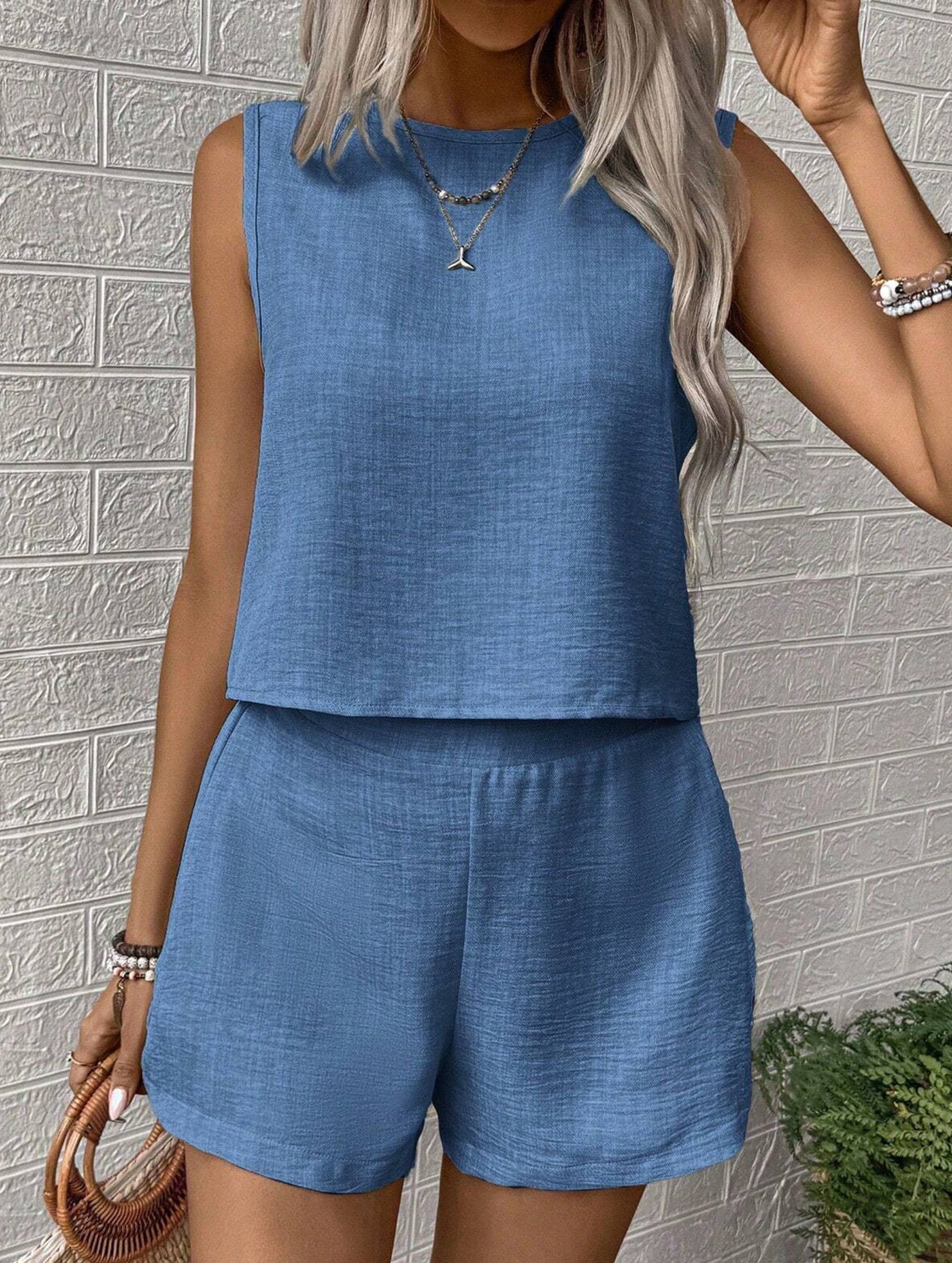 Solid color tank shorts fashion two-piece set