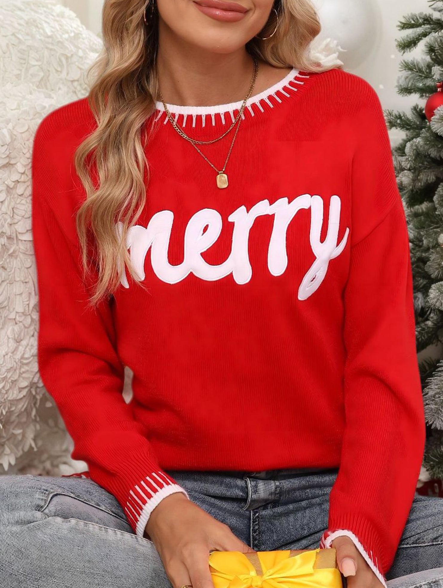 Christmas letter long-sleeved crew neck sweater