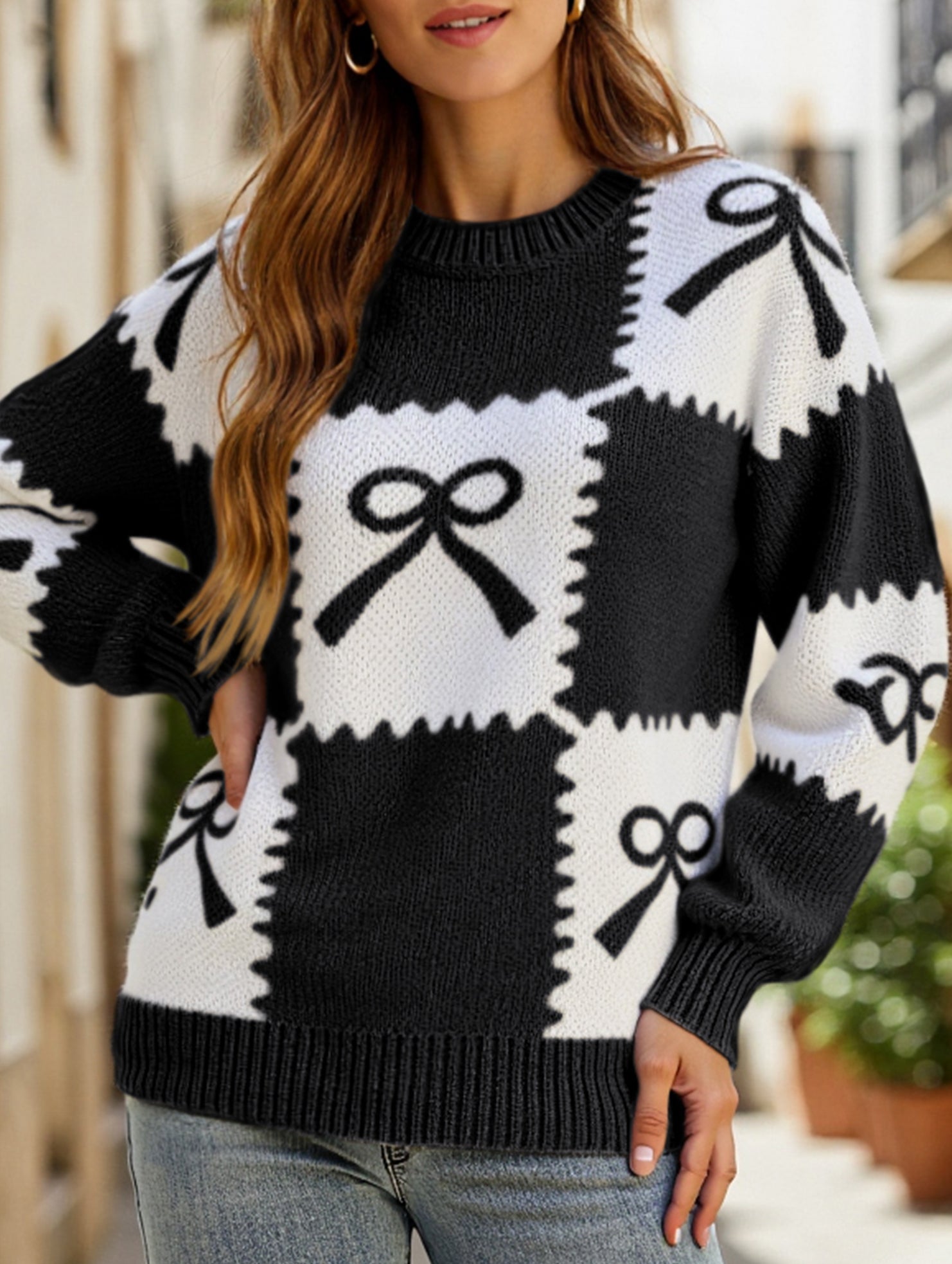 Christmas Plaid Bow Contrast Sweater