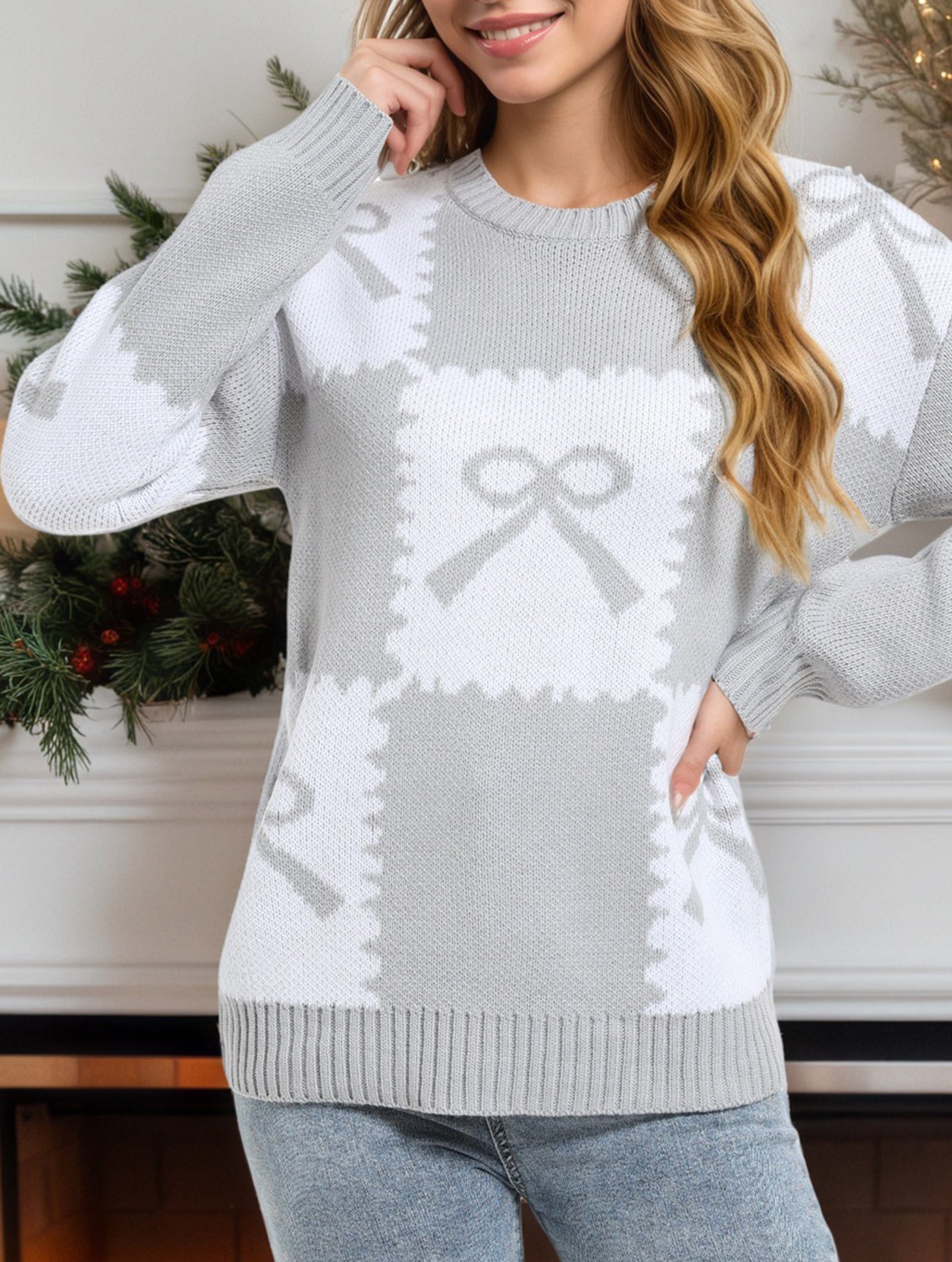 Christmas Plaid Bow Contrast Sweater