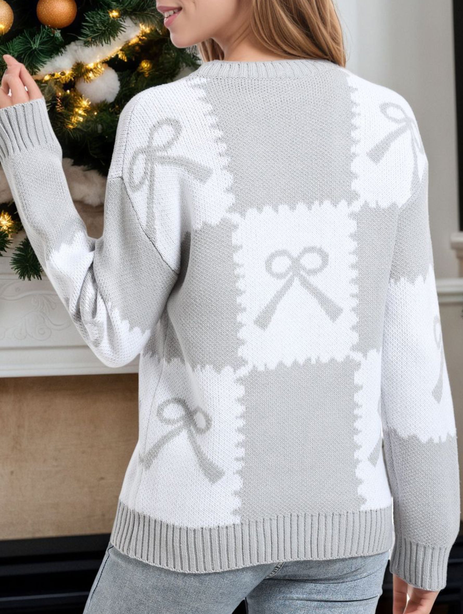 Christmas Plaid Bow Contrast Sweater