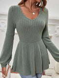 Balloon Sleeve Rib-Knit Ruffle T-Shirt