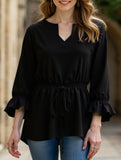 Long-sleeved V-neck shirt with drawstring waist