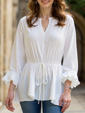 Long-sleeved V-neck shirt with drawstring waist