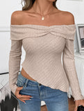 Long-sleeved boat neckline irregular hem T-shirt