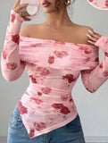 Slim-fit irregular printed boat neck top