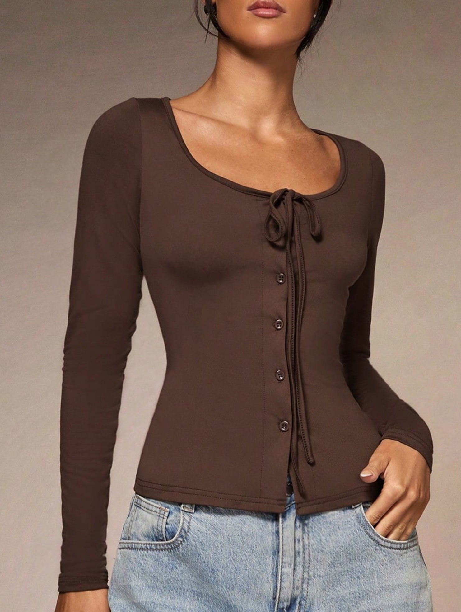 Square neck tie single-breasted long-sleeved top