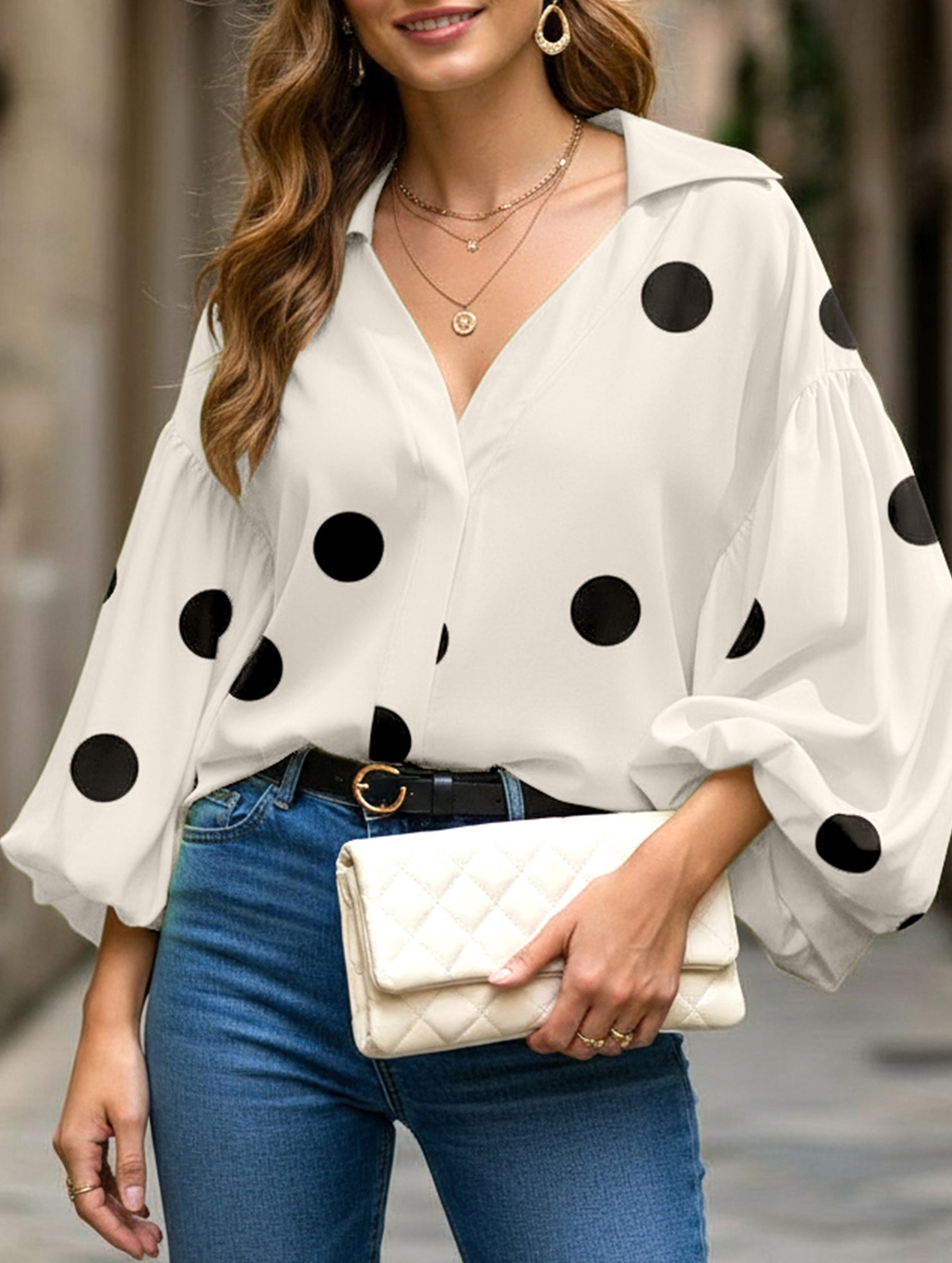 Polka dot V-neck loose bubble long-sleeved shirt