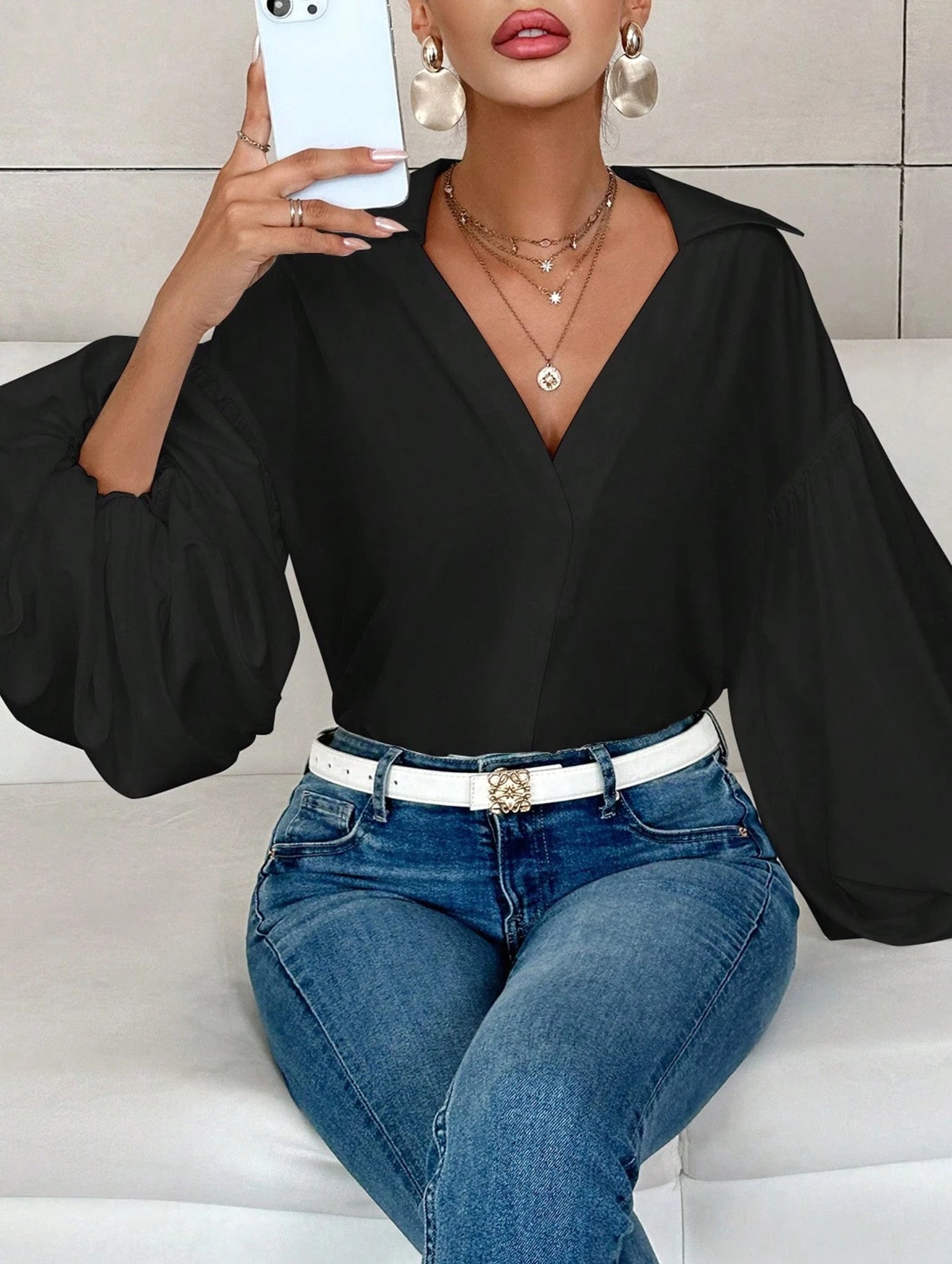 Polka dot V-neck loose bubble long-sleeved shirt