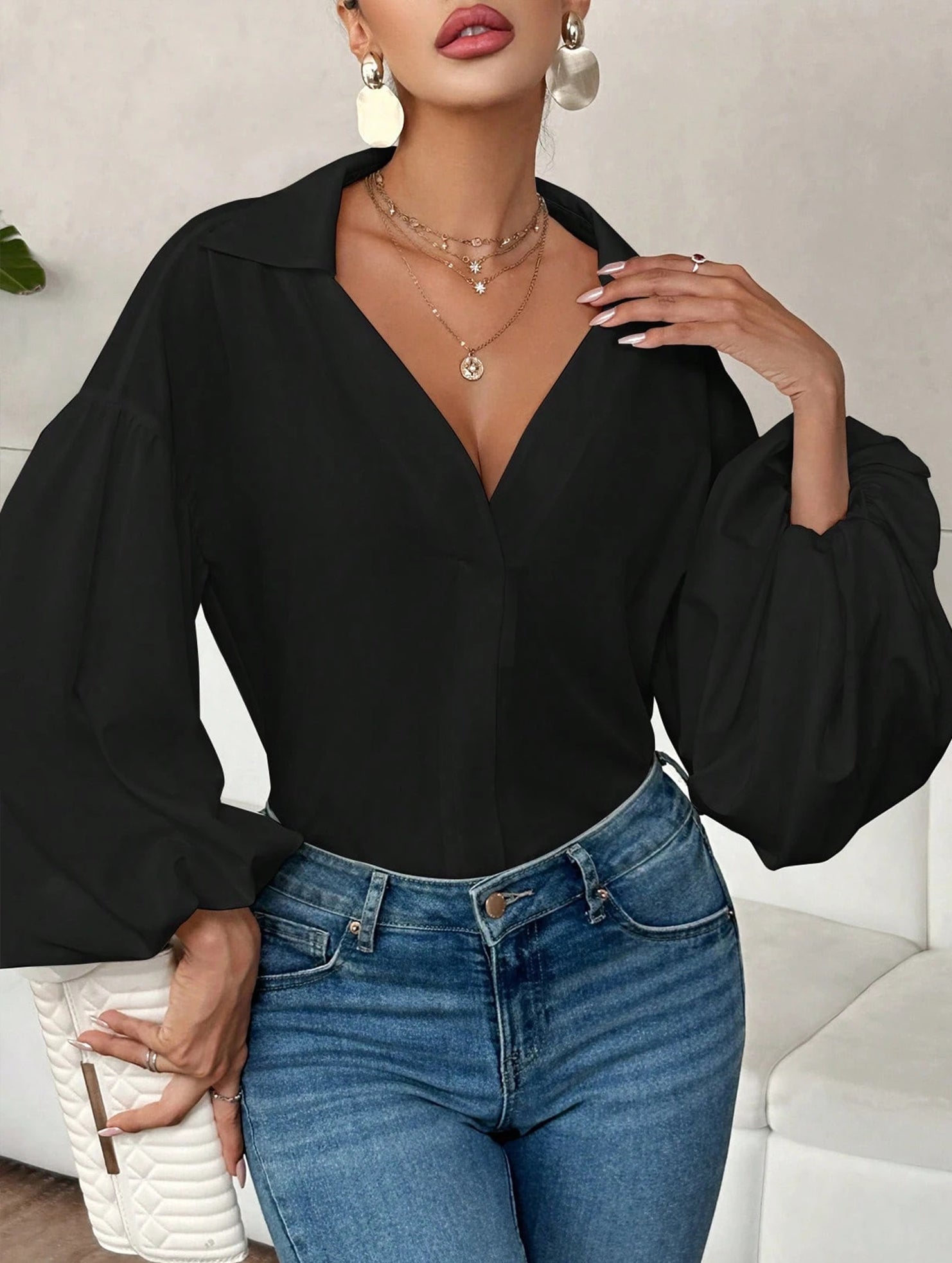 Polka dot V-neck loose bubble long-sleeved shirt