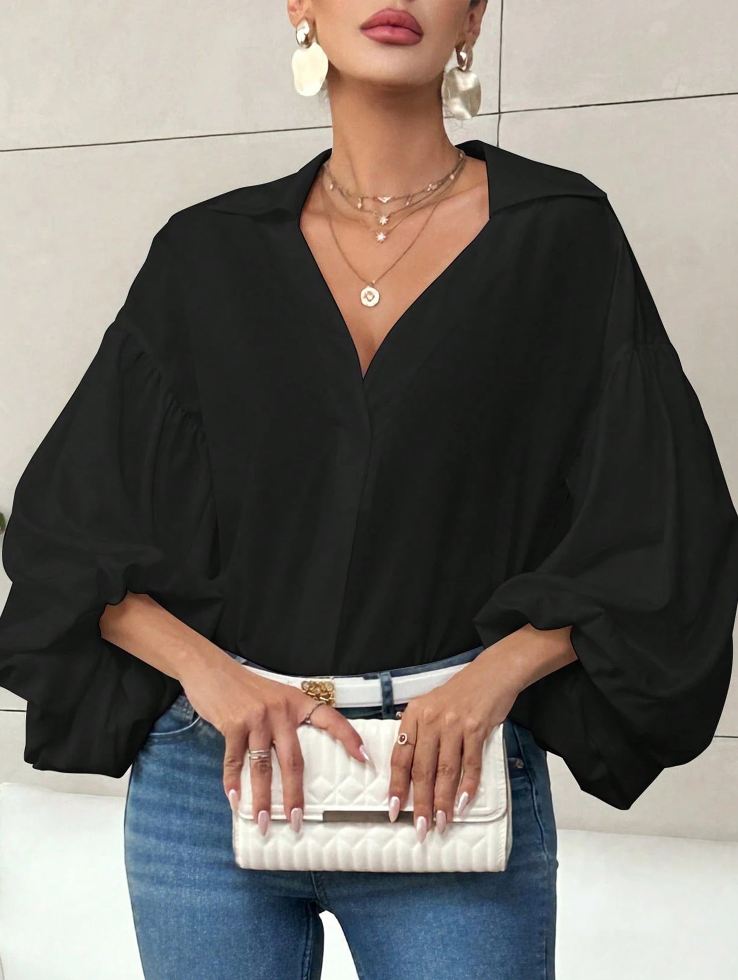 Polka dot V-neck loose bubble long-sleeved shirt