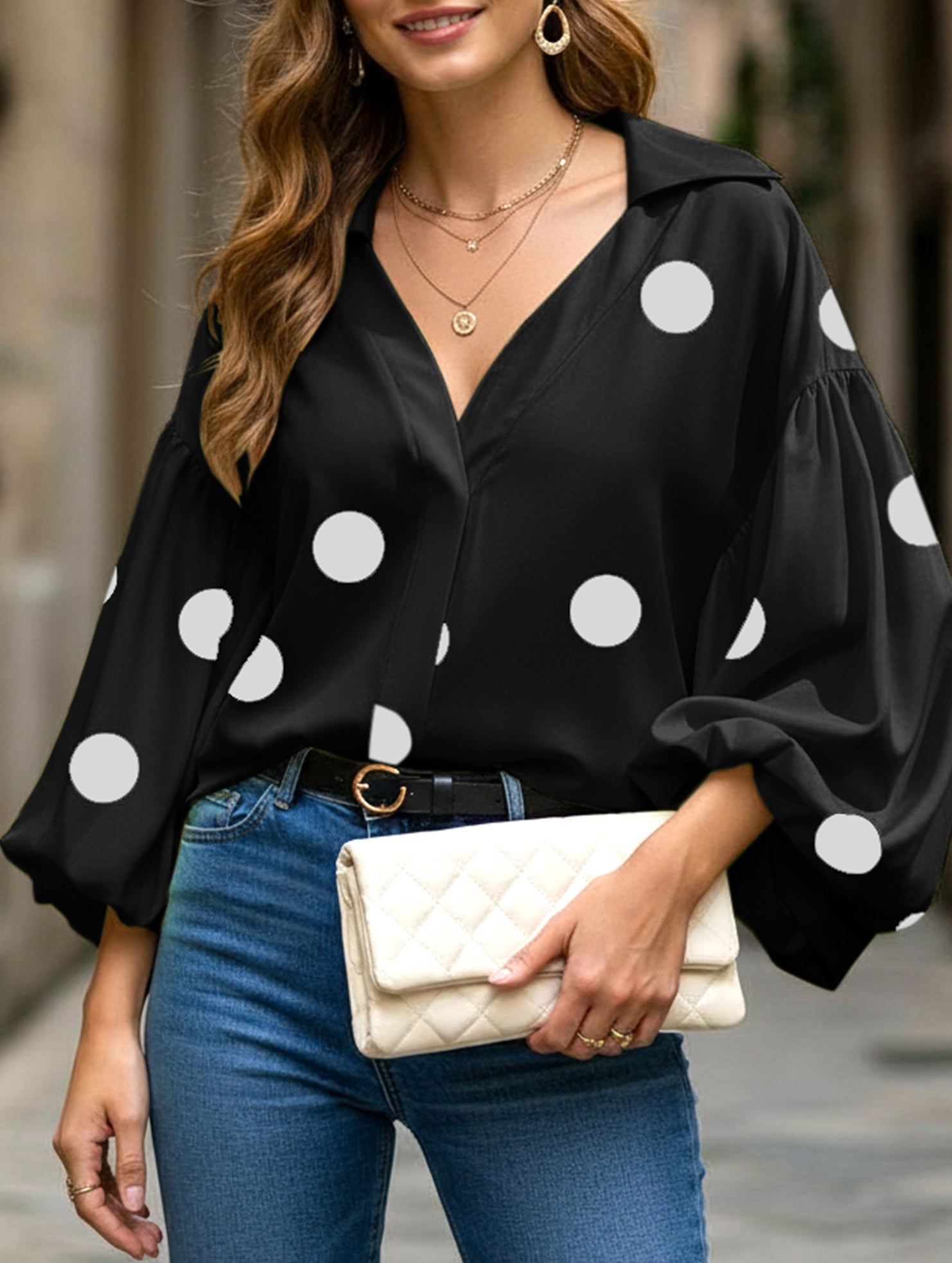 Polka dot V-neck loose bubble long-sleeved shirt