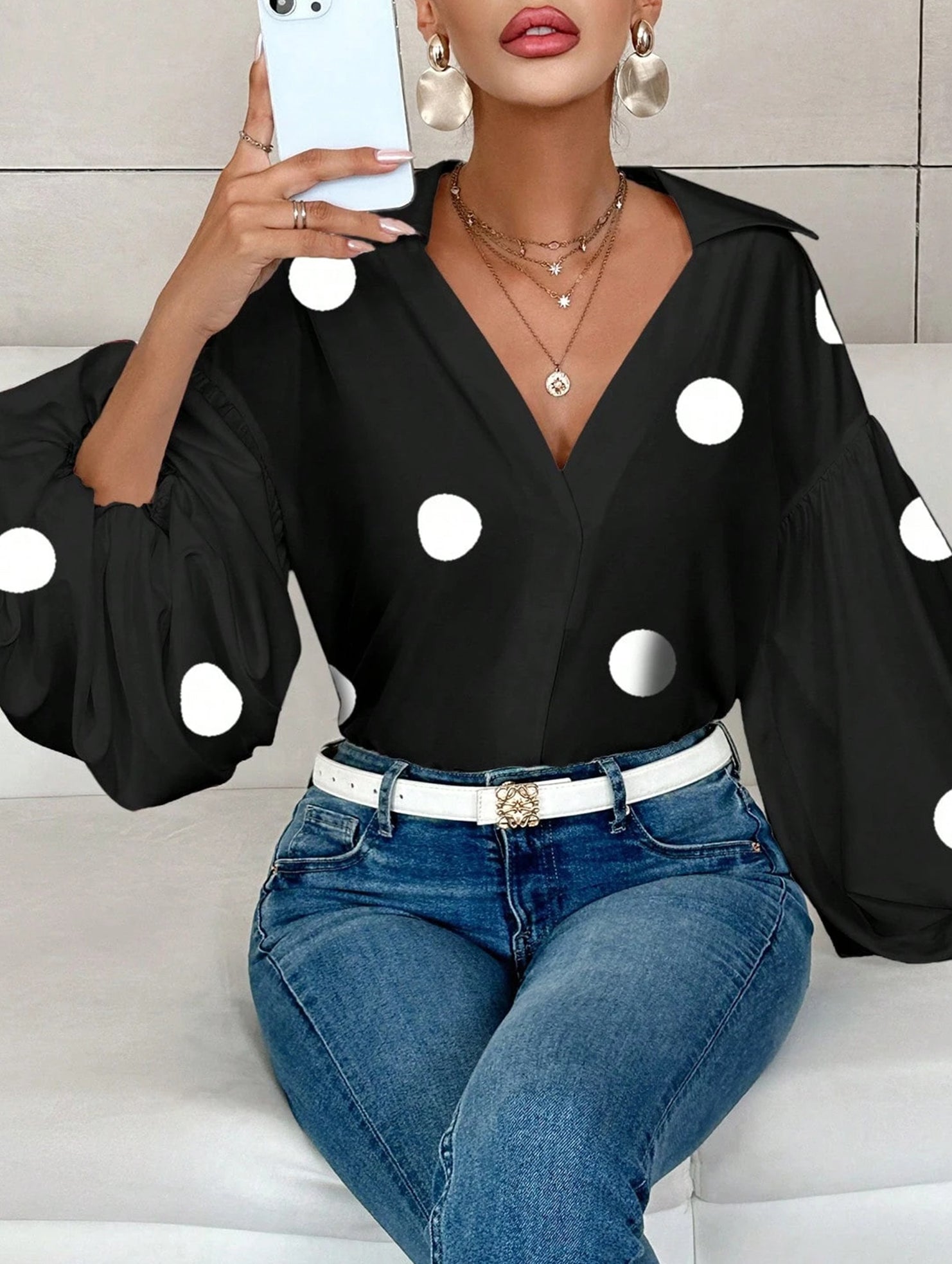 Polka dot V-neck loose bubble long-sleeved shirt