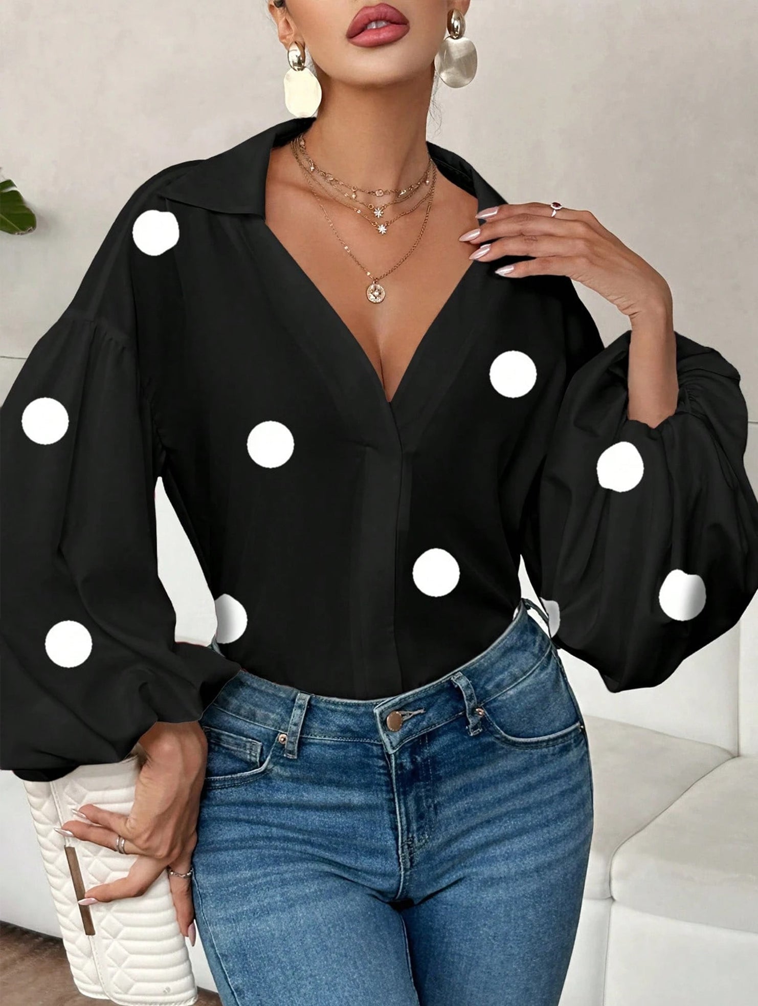 Polka dot V-neck loose bubble long-sleeved shirt